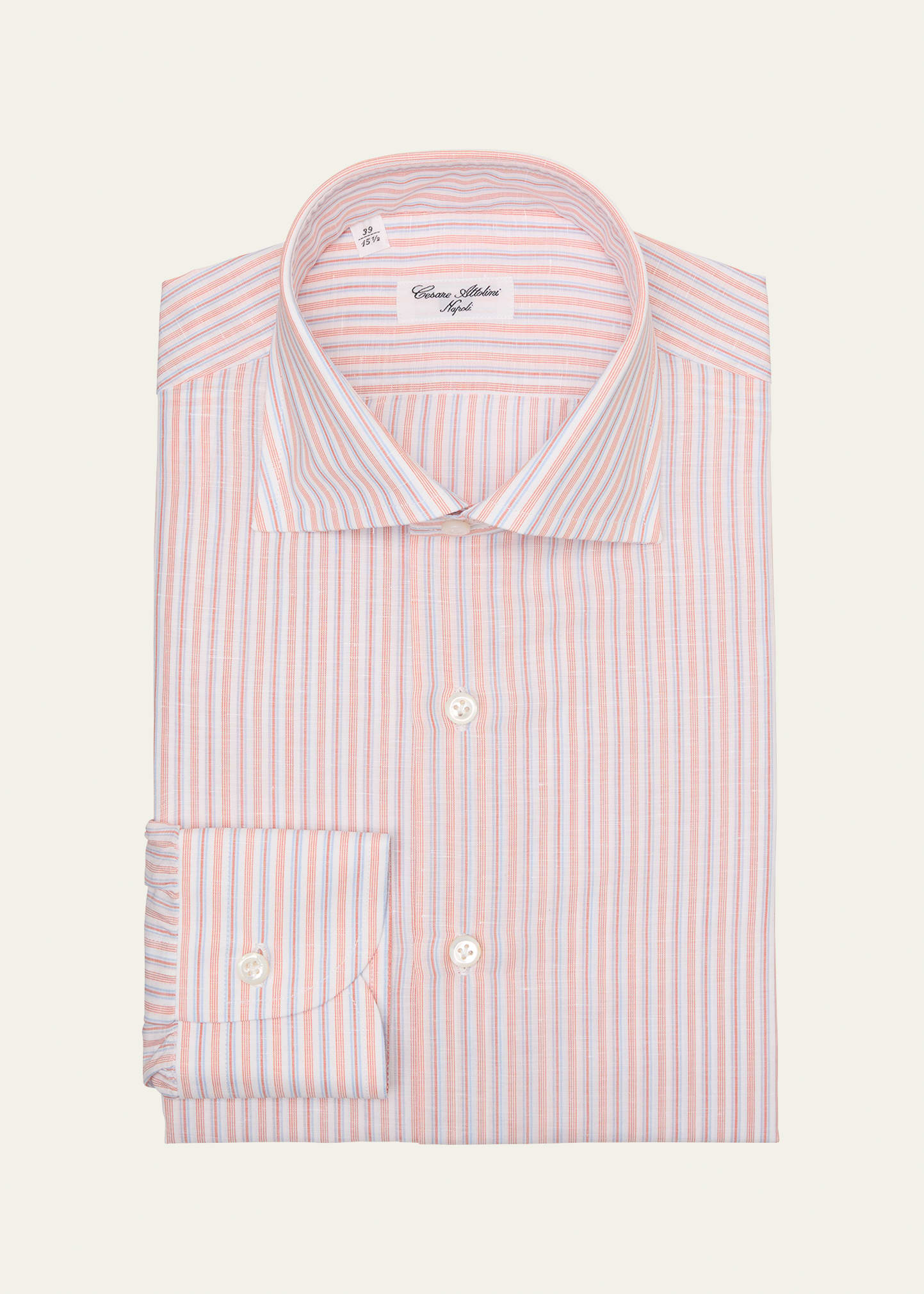 Shop Cesare Attolini Men's Linen-cotton Stripe Dress Shirt In 002-orange