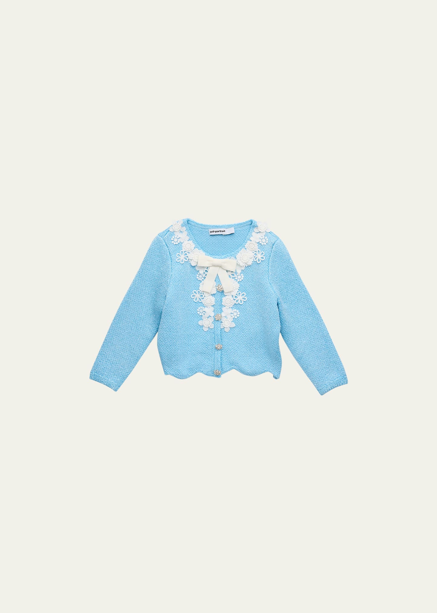 Shop Self-portrait Girl's Sequin Knit Floral Lace Bow Cardigan In Blue