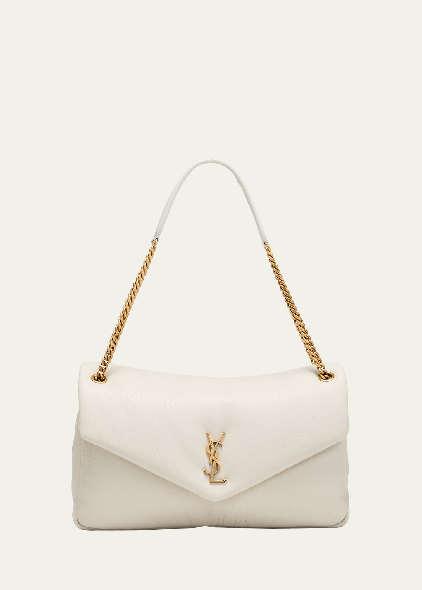 Shop Saint Laurent Calypso Large Ysl Shoulder Bag In Leather In Crema Soft