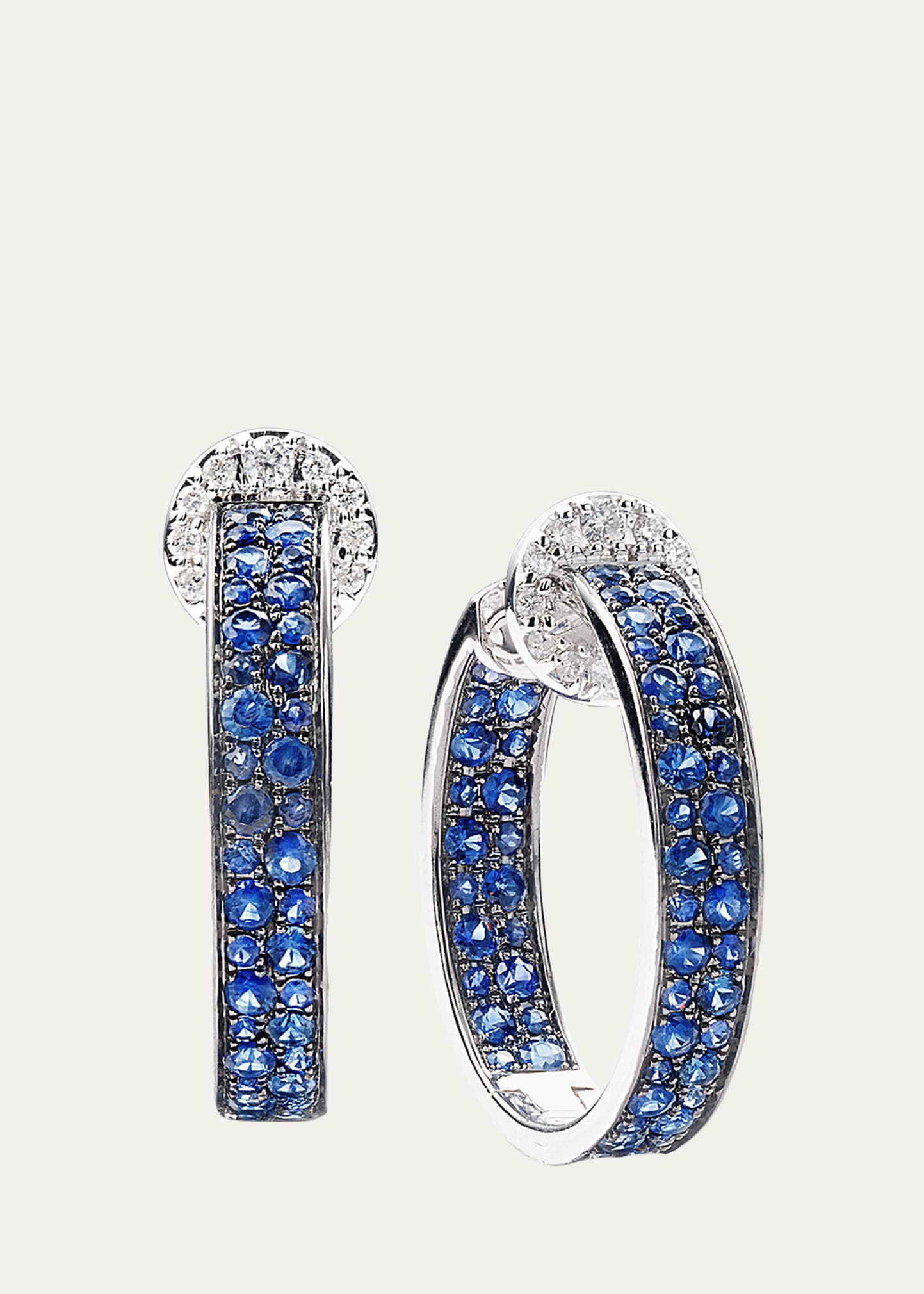 18k White Gold Diamond and Sapphire Modern Hoop Earrings