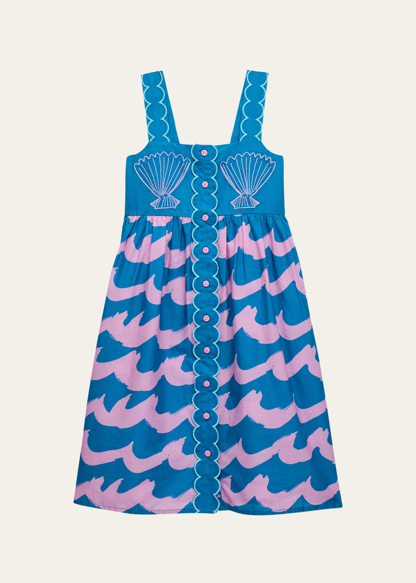 Girl's Waves Shell-Embroidered Strappy Dress, Size 2-14