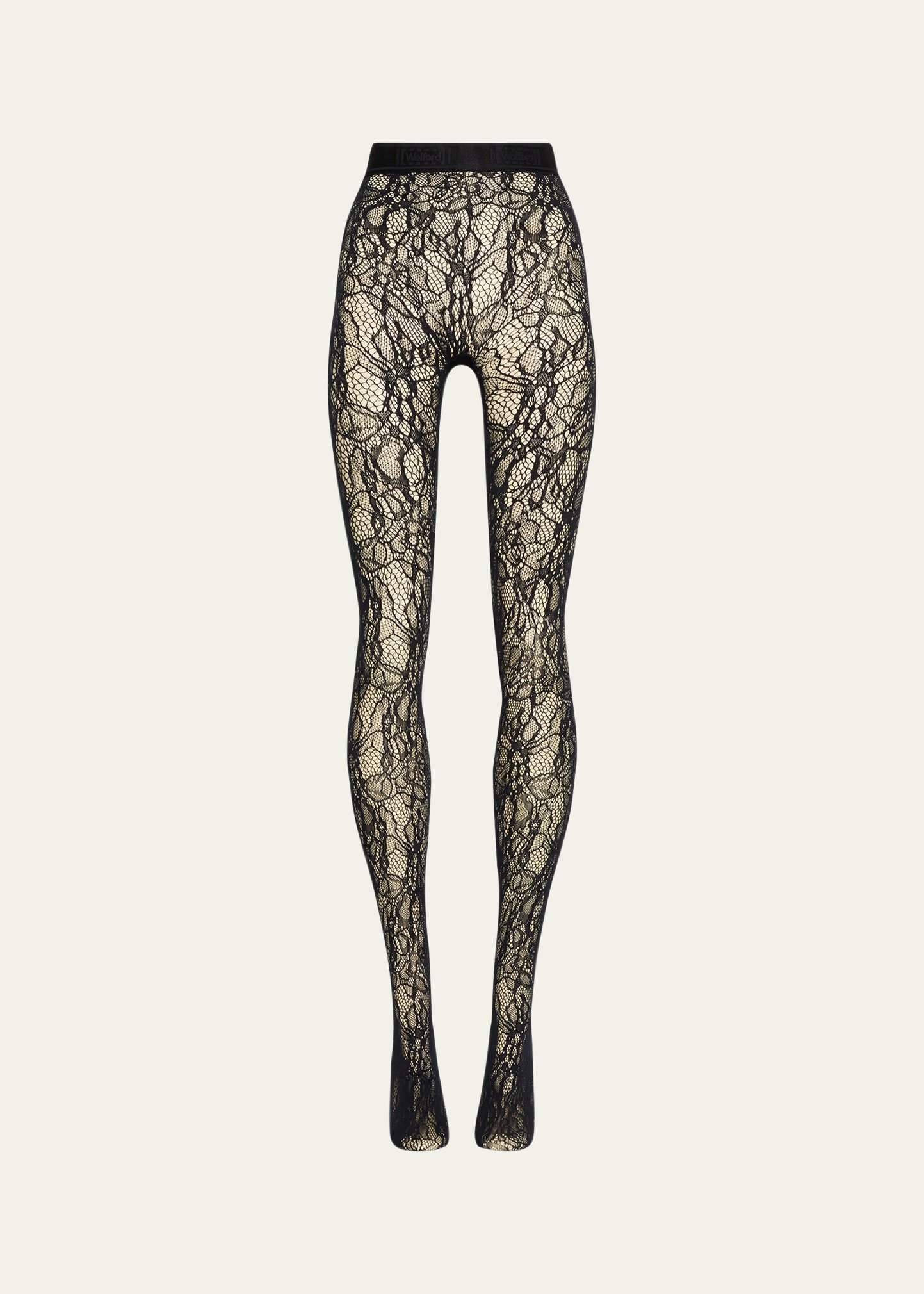 Wolford Logo Floral Net Tights In Black