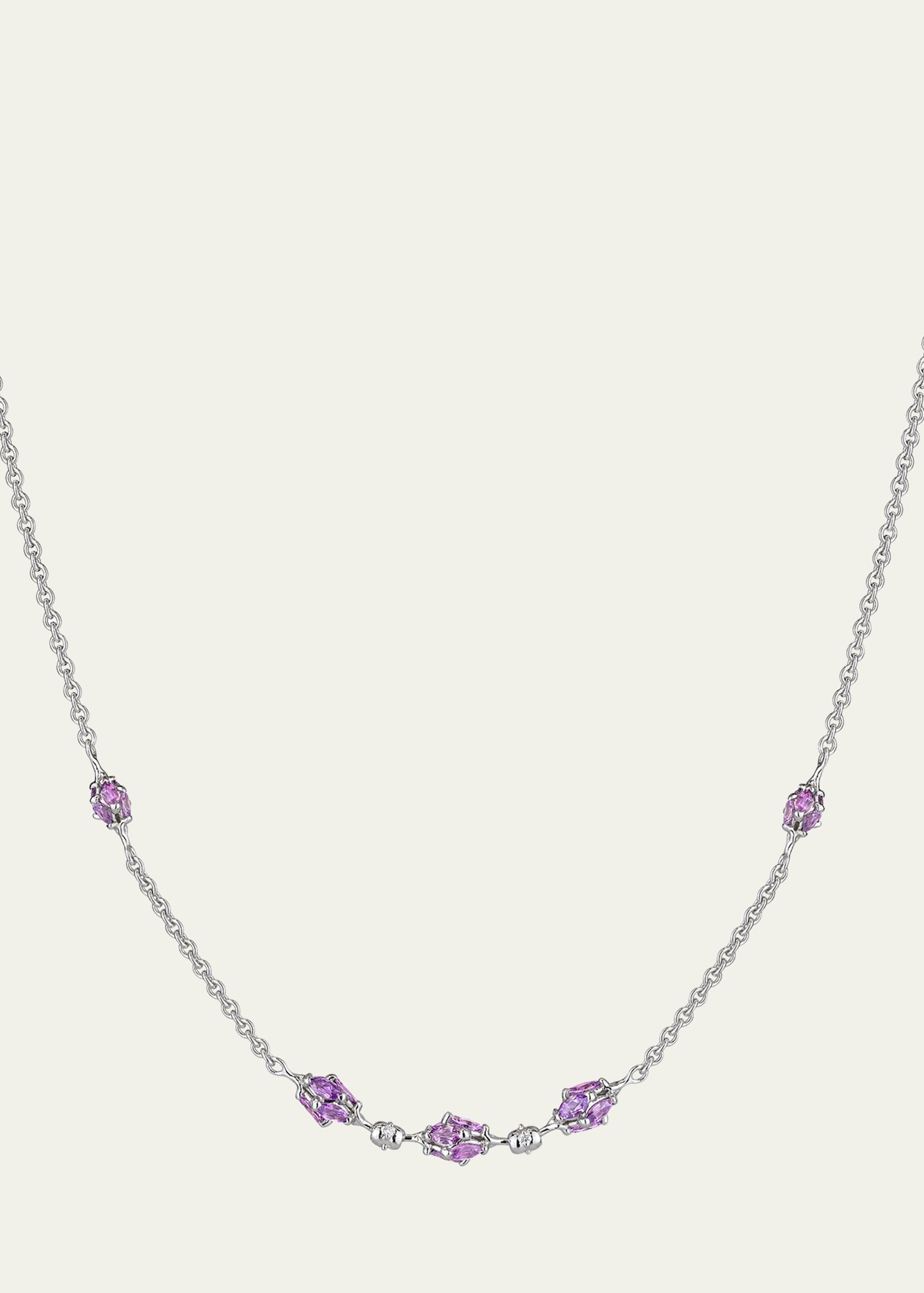 18K White Gold Dahlia Spinner Necklace with Diamonds and Purple Sapphires, 18"L
