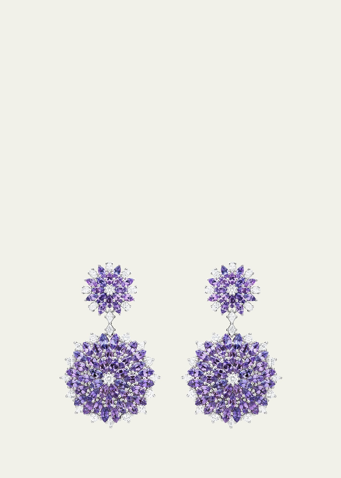 18K White Gold Dahlia Double Dangle Earrings with Diamonds and Purple Sapphires