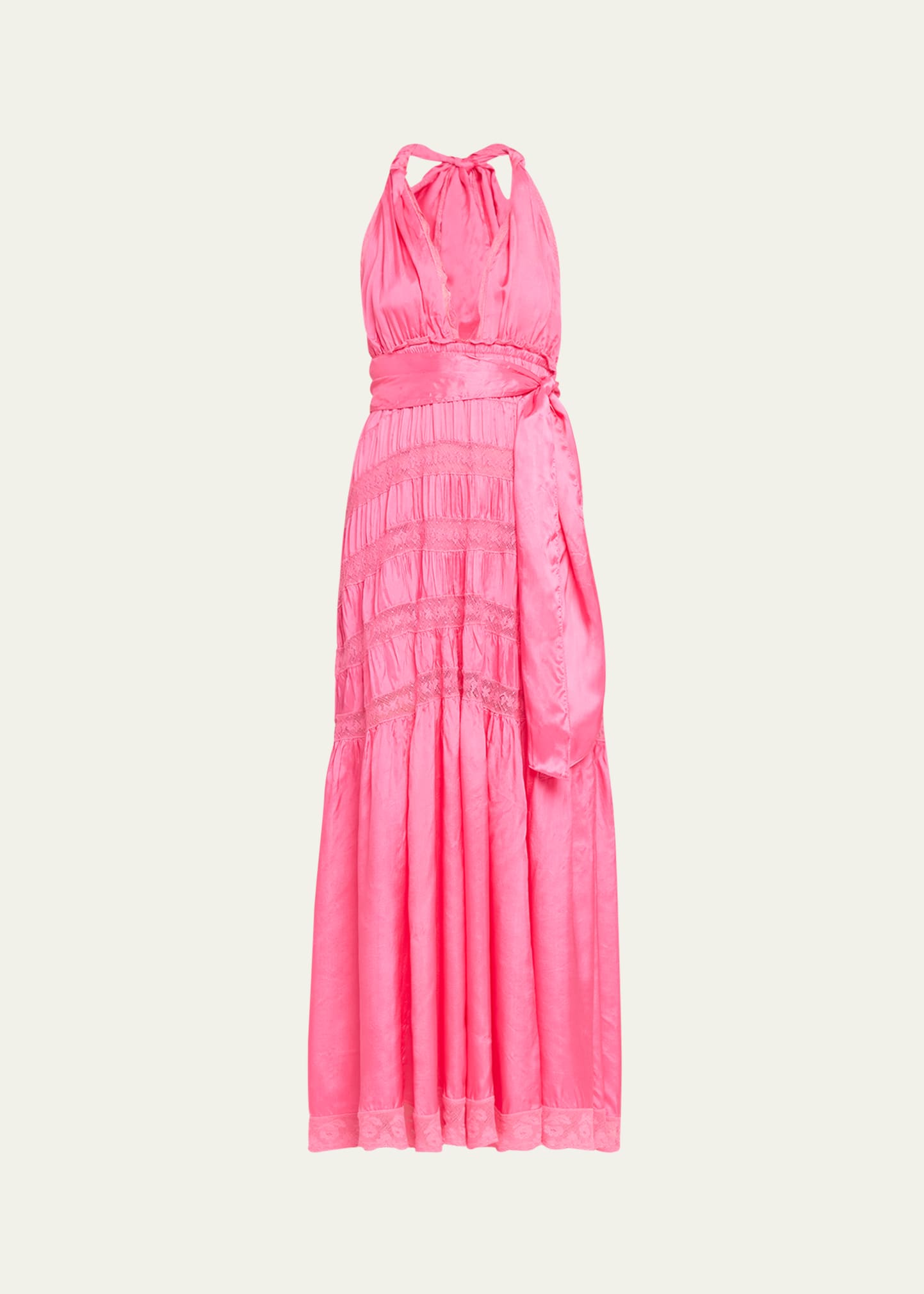Shop Loveshackfancy Vendima Tiered Satin Maxi Halter Dress In Fuschia Glow