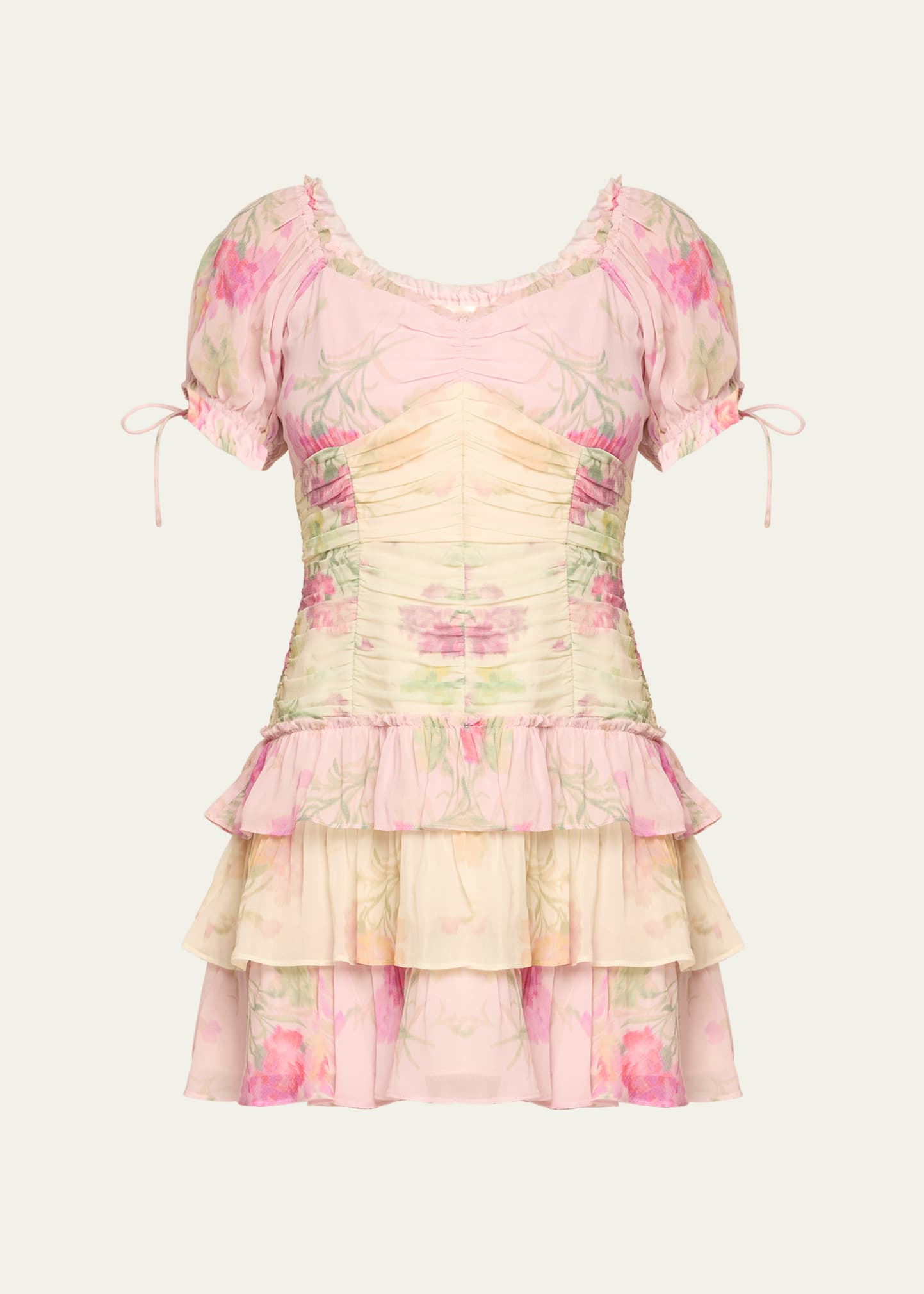 Shop Loveshackfancy Jupe Puff-sleeve Tiered Ruffle Mini Dress In Garden Sunset
