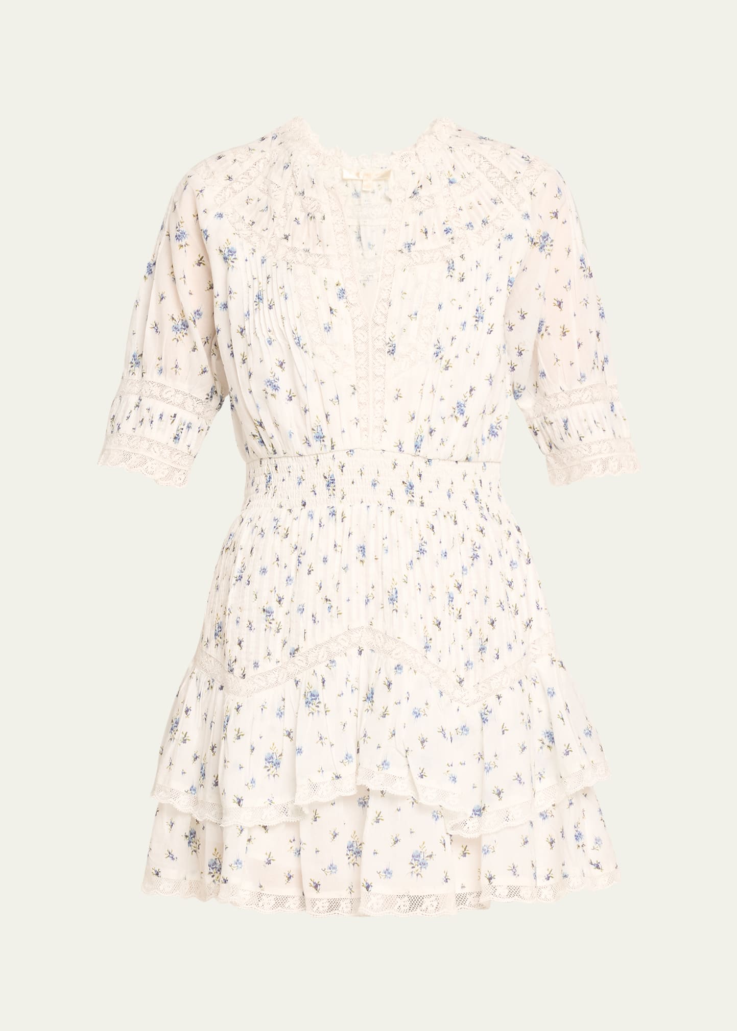 Shop Loveshackfancy Clovis Floral Cotton Tiered Lace Mini Dress In Bluebird Dream