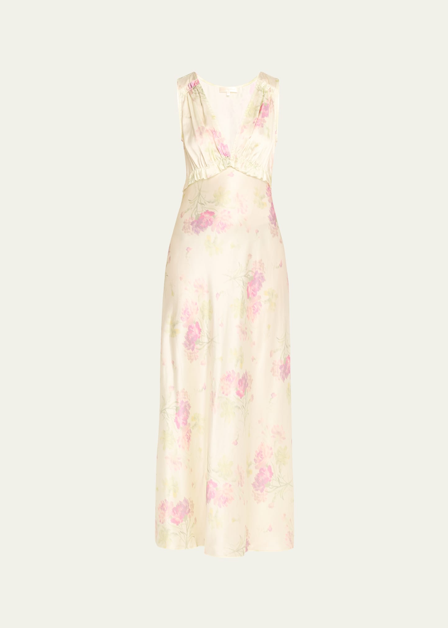 Loveshackfancy Suniva Sleeveless Floral Silk V-neck Midi Dress In Peachy Sage
