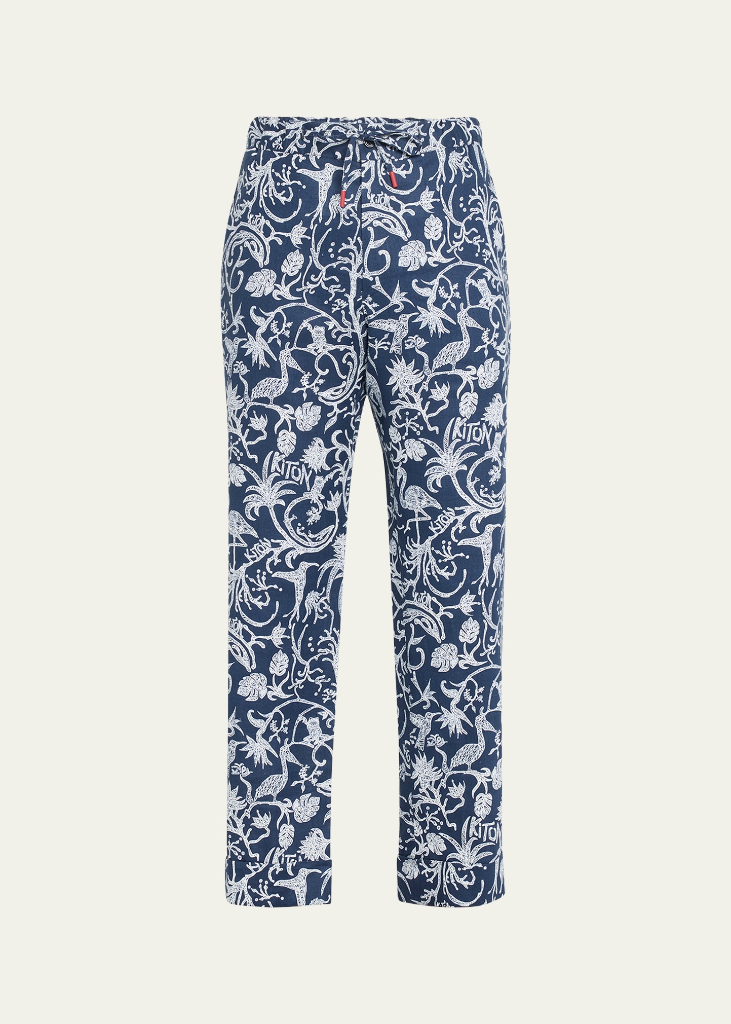 Kiton Men's Printed Linen Relaxed-fit Pull-on Pants In Navy