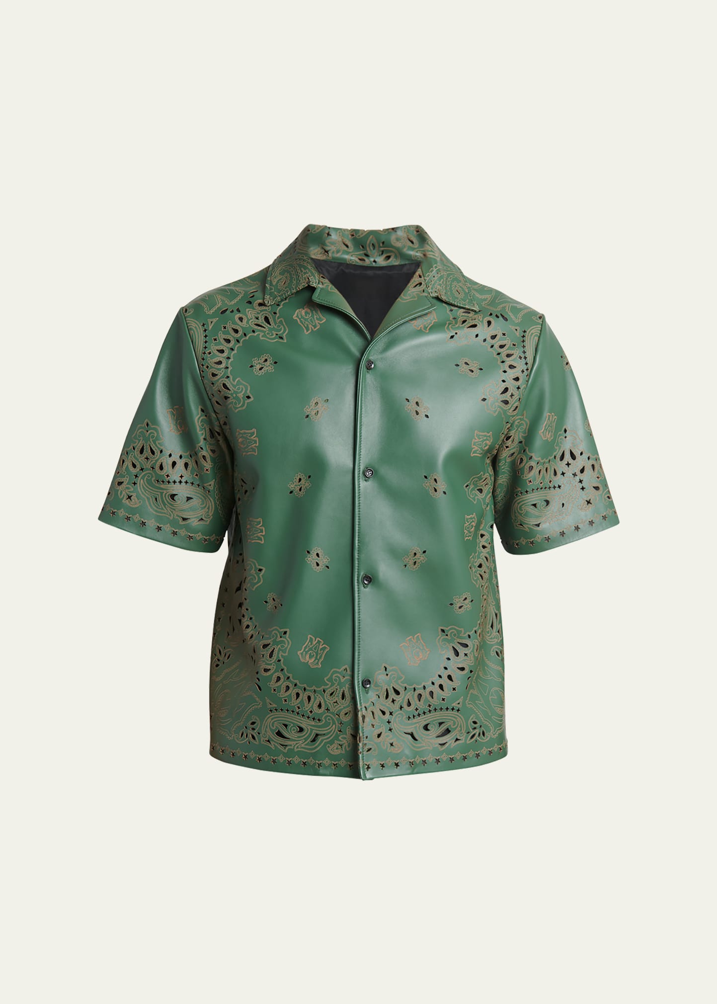 Amiri Men's Leather Laser-cut Bandana Camp Shirt In Rain Forest