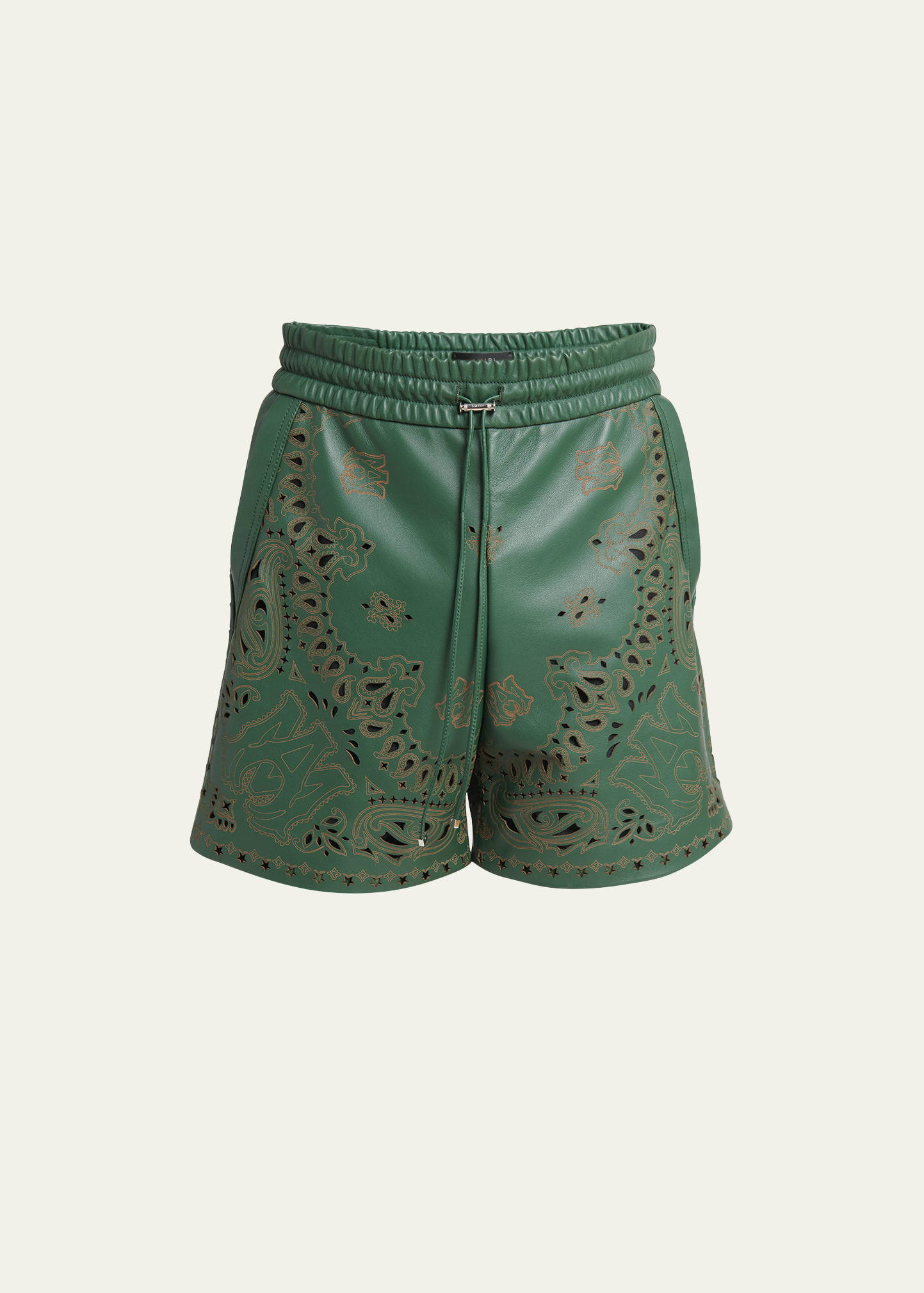 Amiri Men's Leather Laser-cut Bandana Shorts In Rain Forest