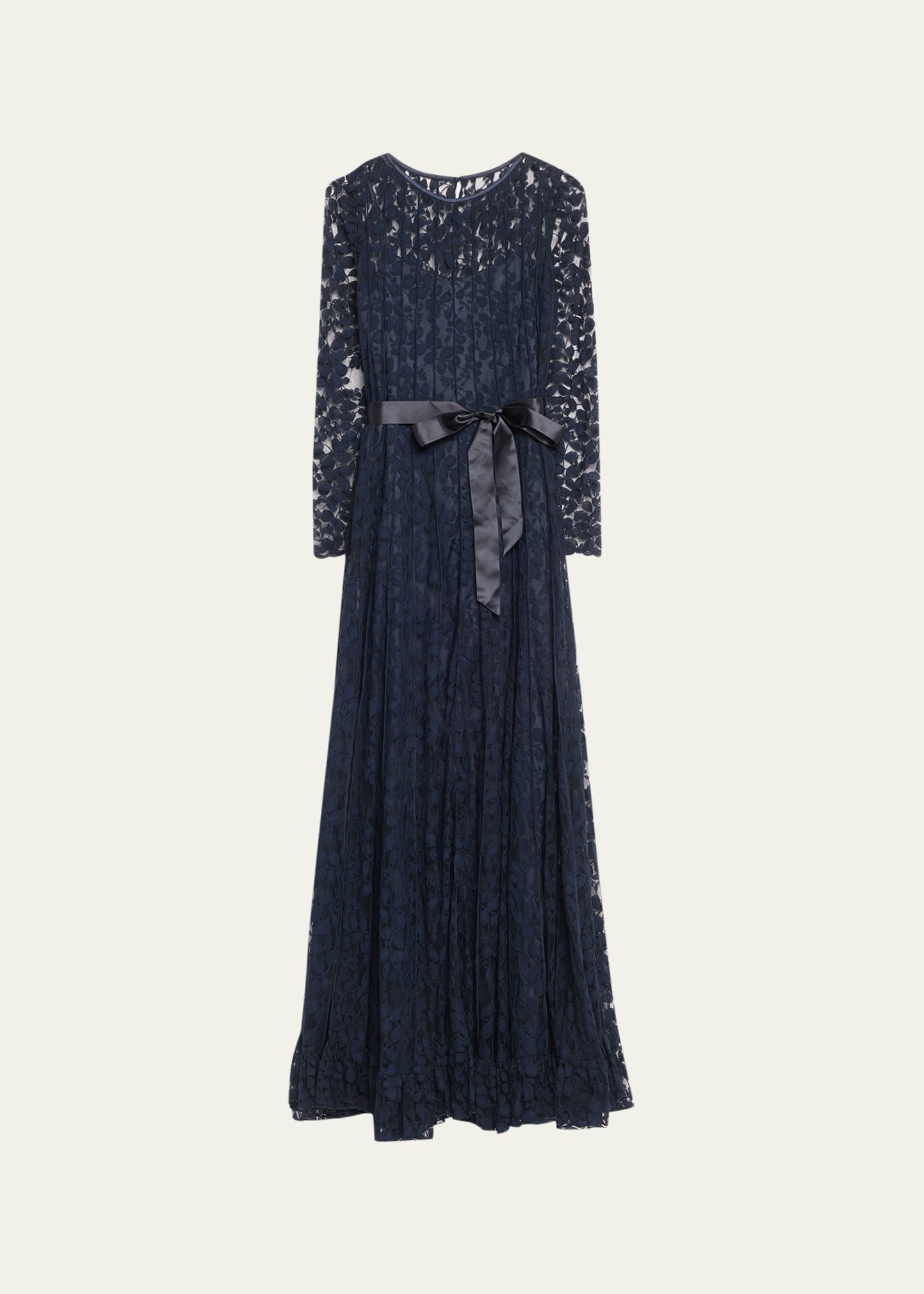 Rickie Freeman For Teri Jon Long-sleeve A-line Floral Lace Gown In Navy