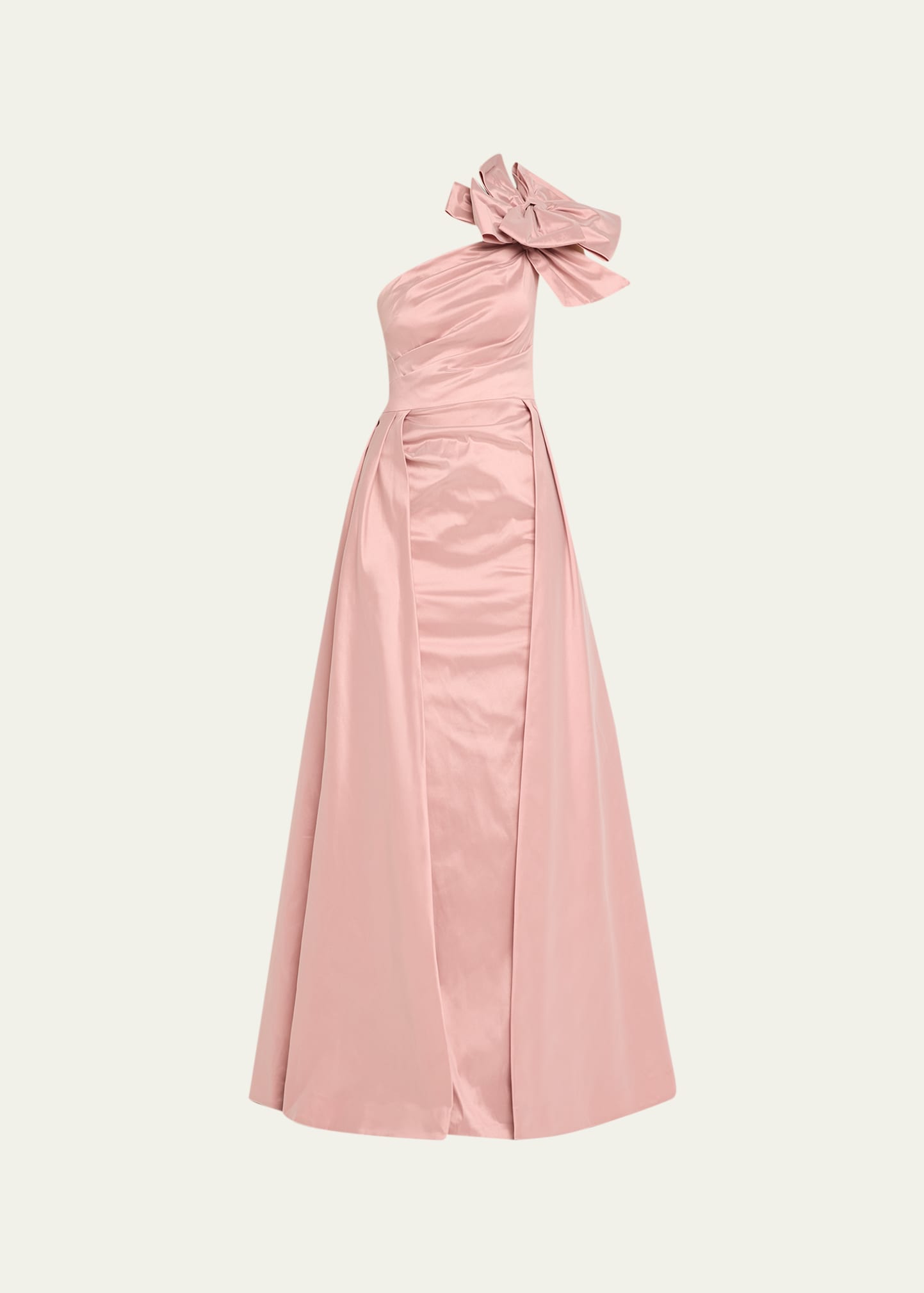 Rickie Freeman For Teri Jon One-shoulder Bow-front Pleated Taffeta Gown In Blush