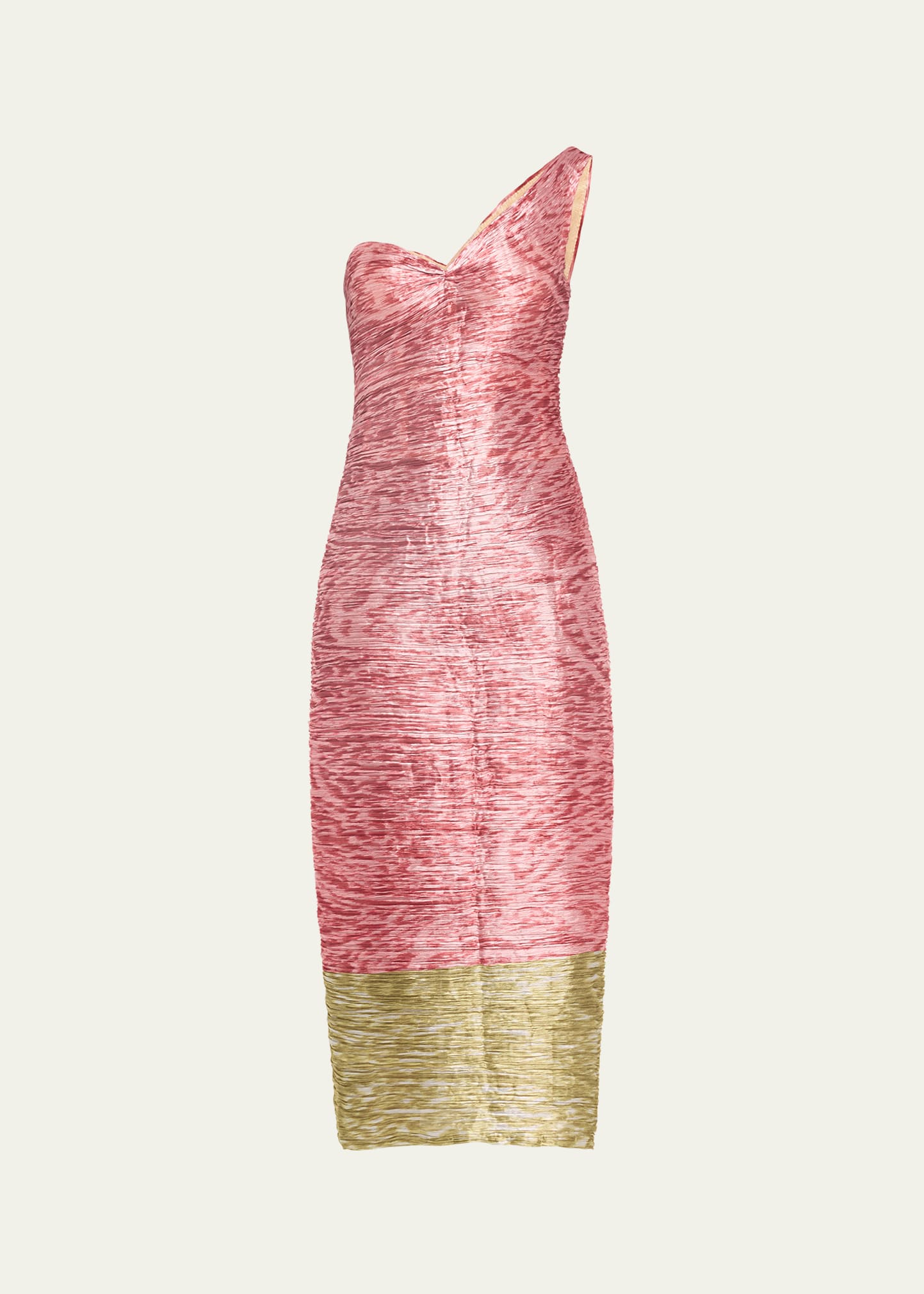 Colorblock Printed Draped One-Shoulder Crinkle Midi Dress
