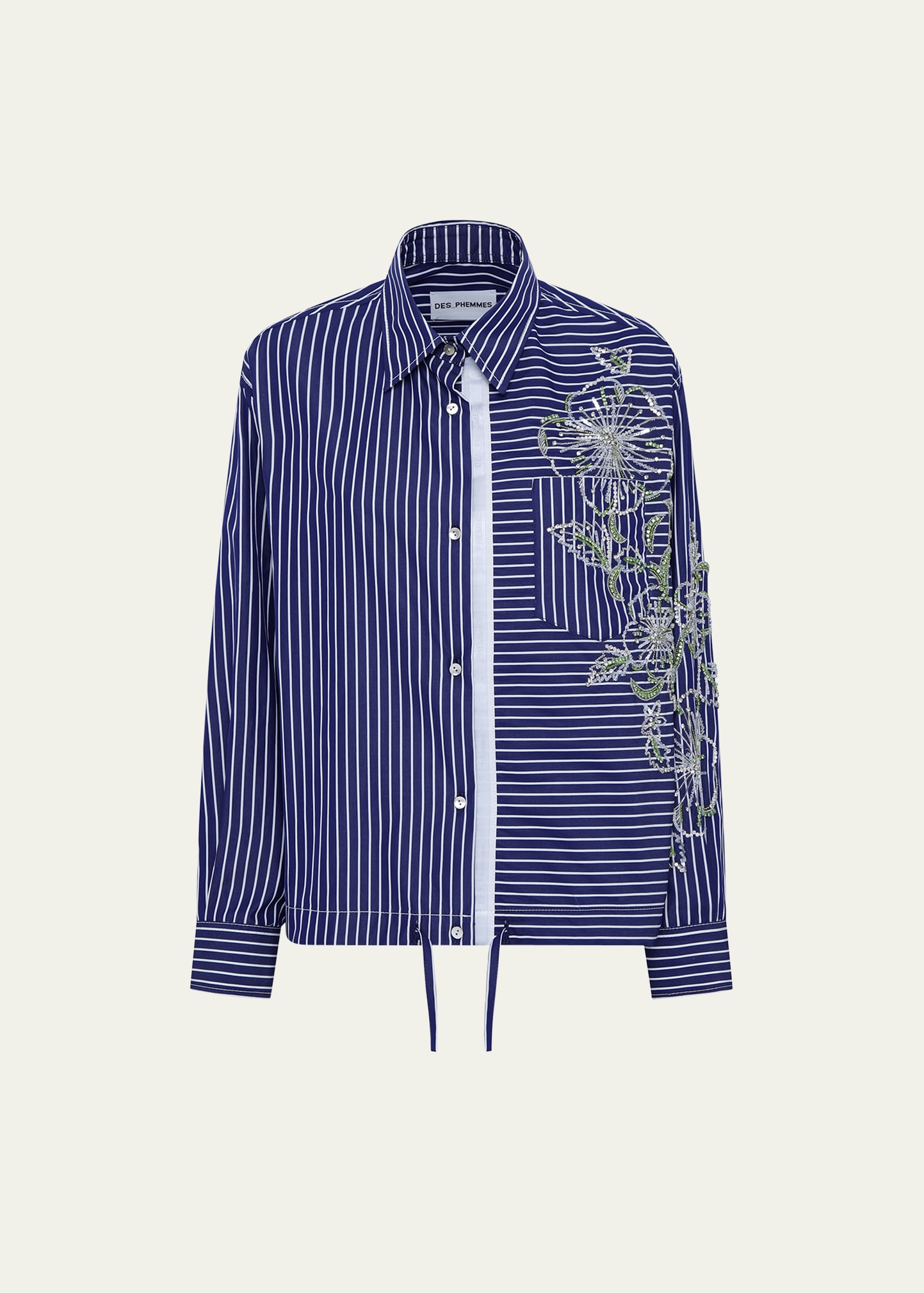 Des Phemmes Hibiscus Embroidered Stripe Shirt In Dark Blue White 7
