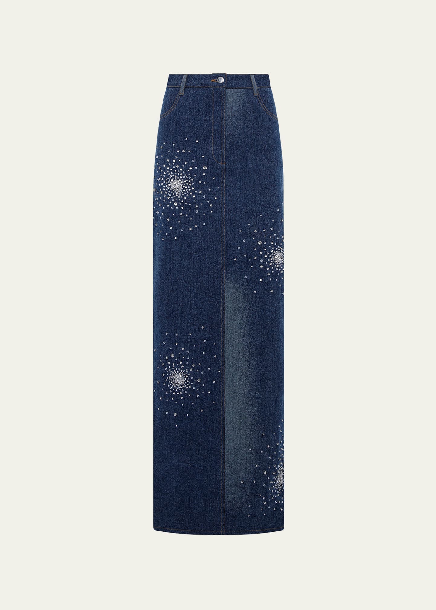 Des Phemmes Crystal Embroidered Denim Maxi Skirt In Blue Denim 707