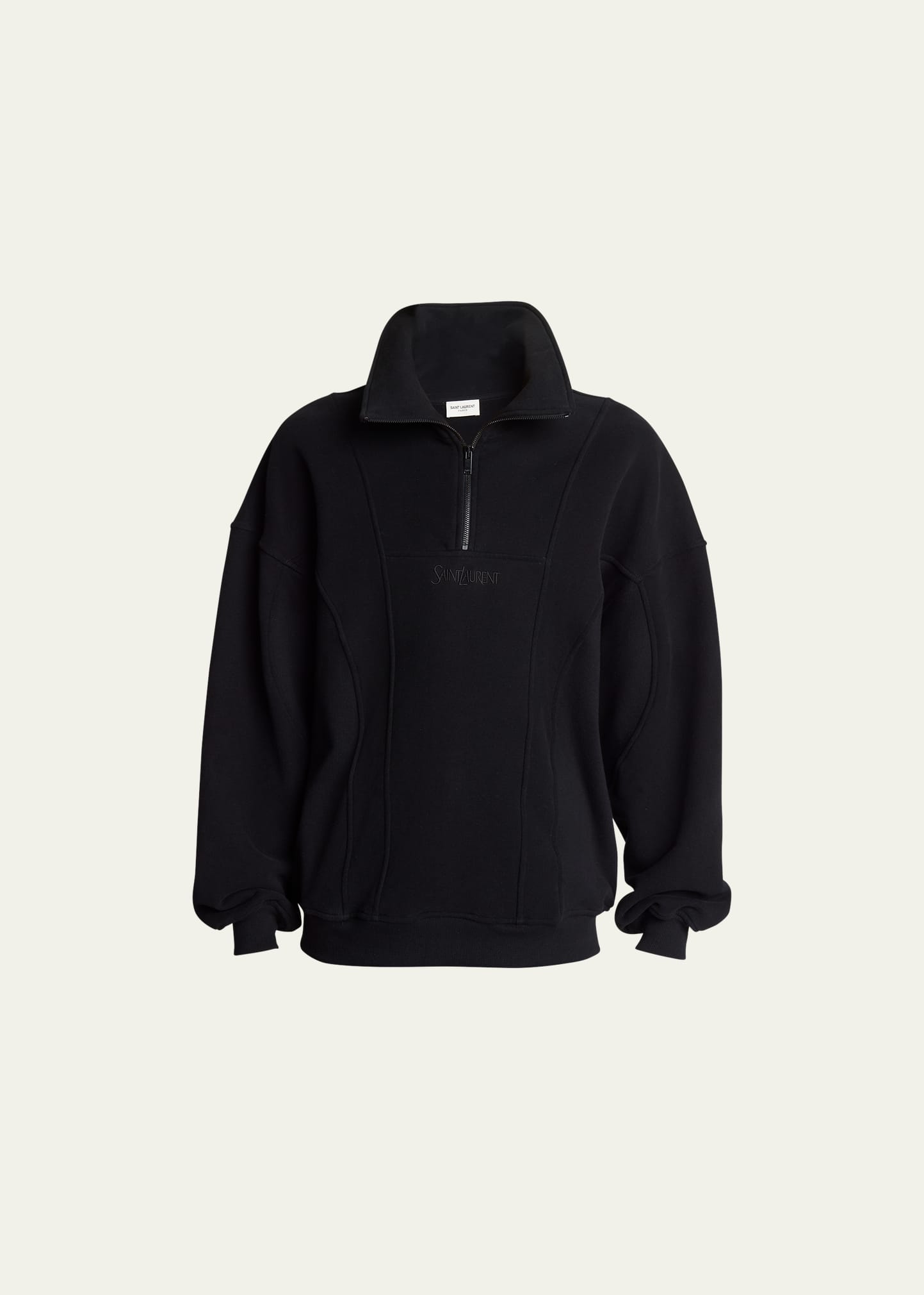 Shop Saint Laurent Men's Quarter-zip Logo Sweatshirt In Nero