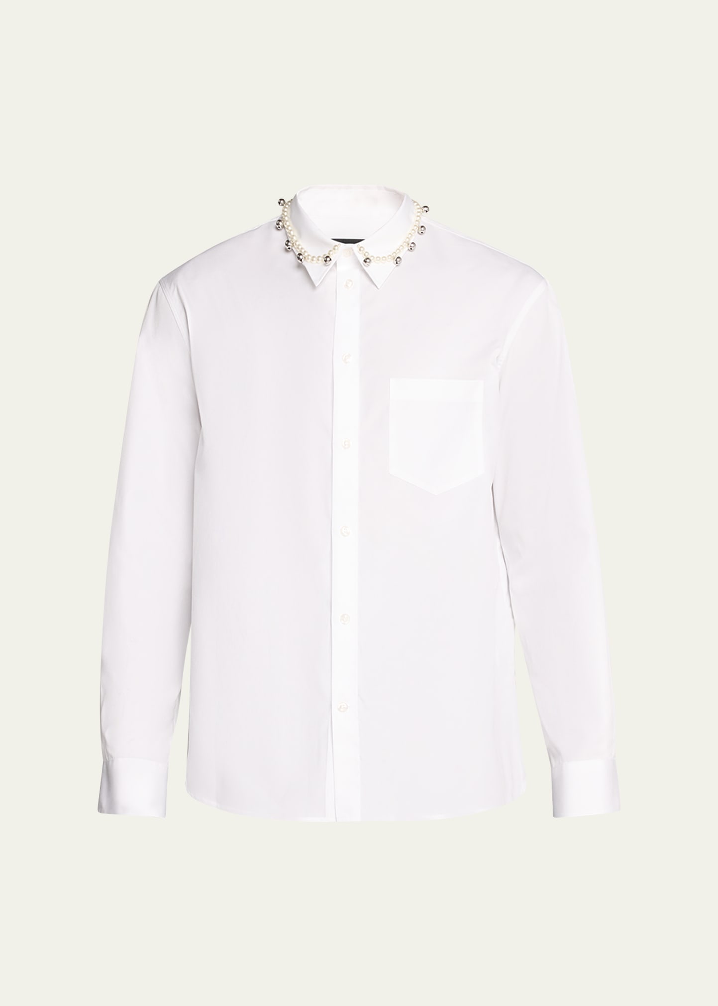 Shop Simone Rocha Men's Poplin Beaded Bell Collar Sport Shirt In Whitepearl2