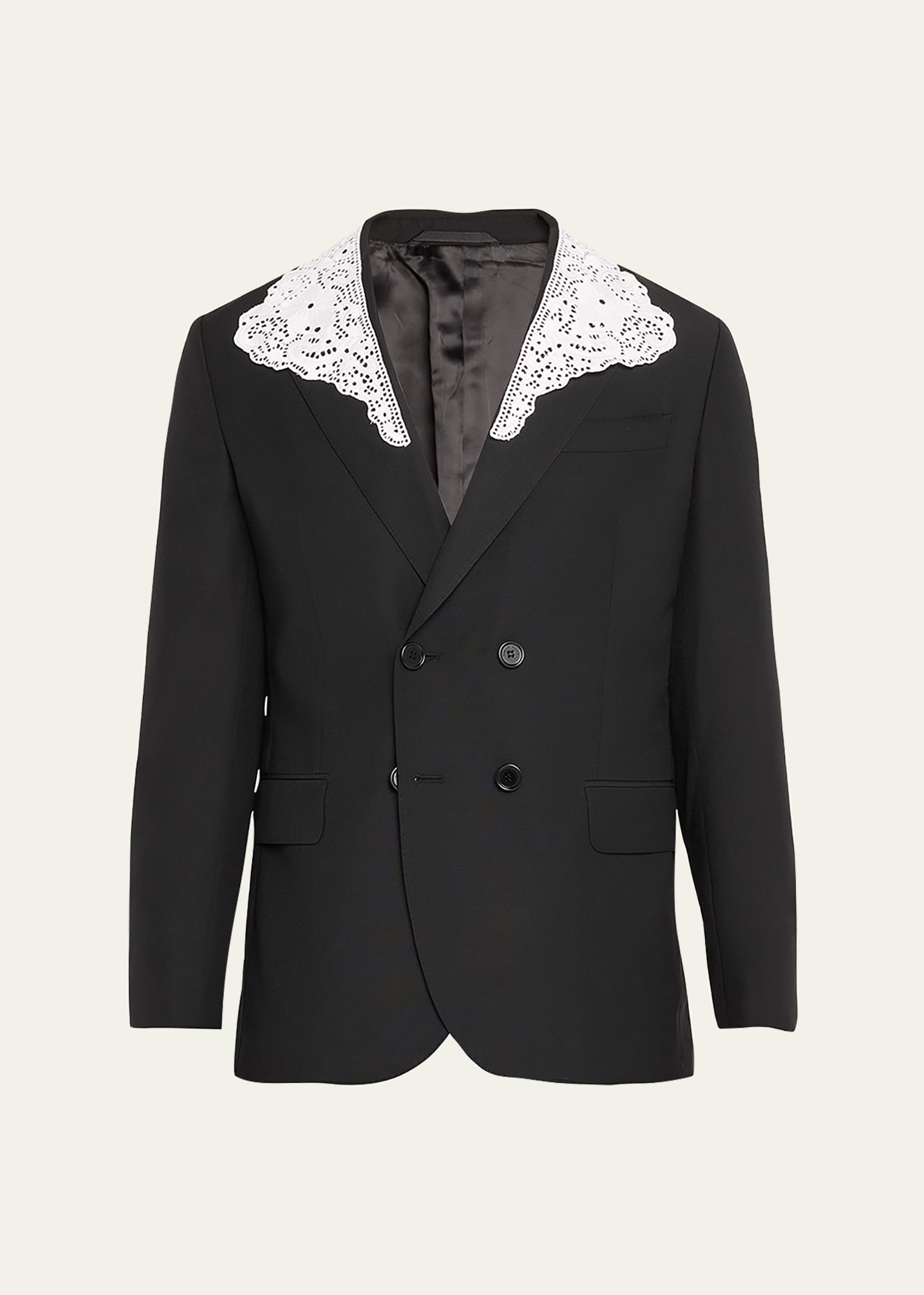 Shop Simone Rocha Men's Double-breasted Sport Coat With Lace Collar In Blackwhite