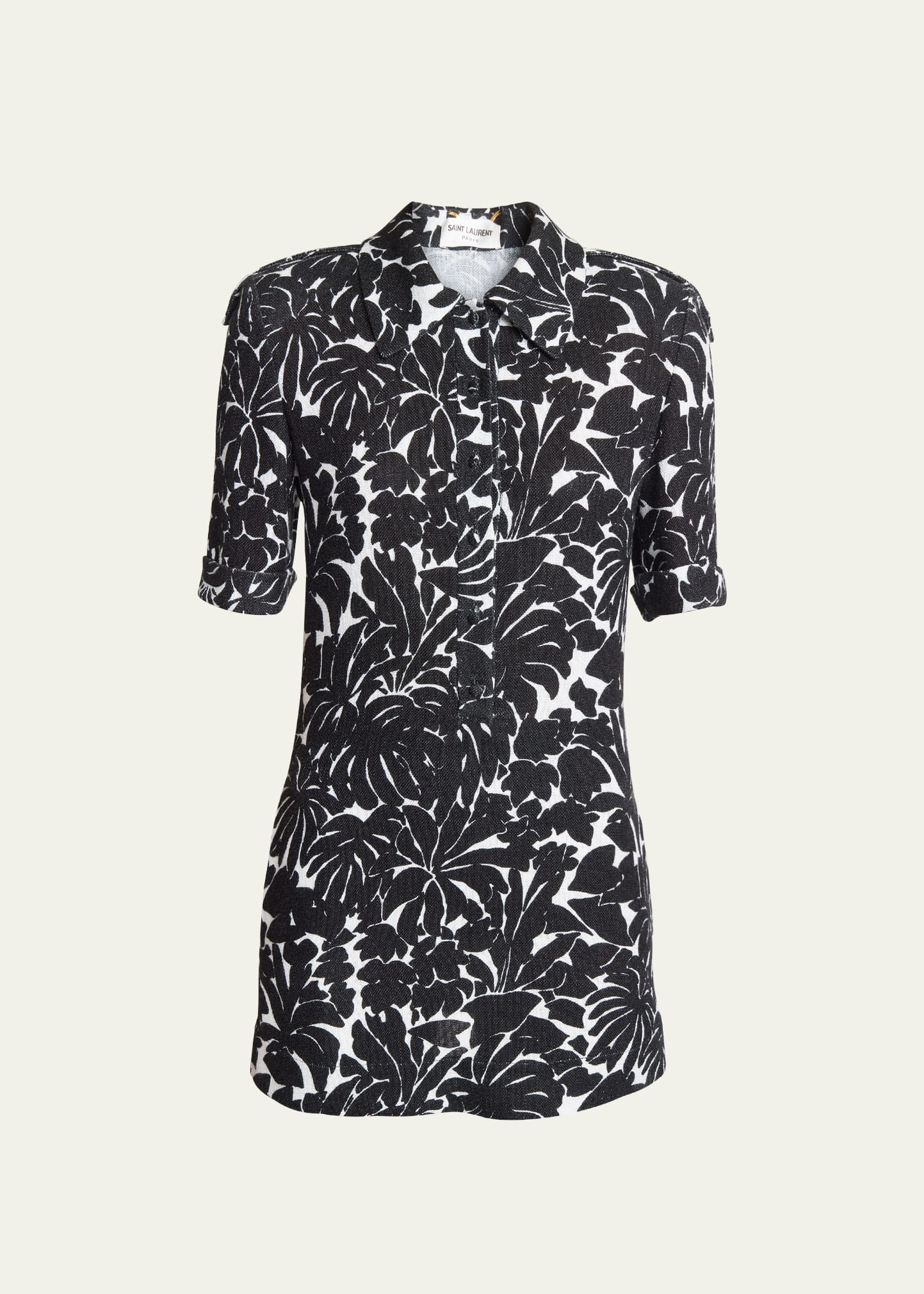 Shop Saint Laurent Palm Print Collared Mini Dress In Jade Noir