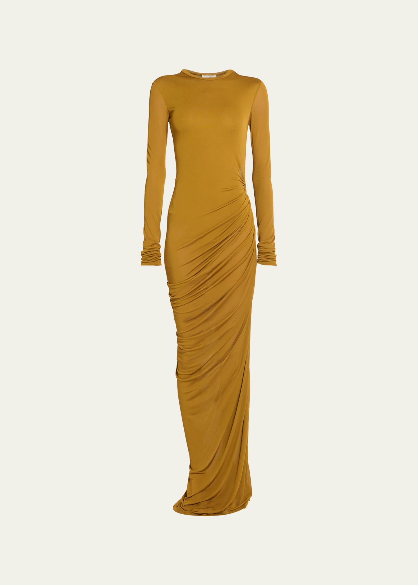 Shop Saint Laurent Sheer Ruched Jersey Maxi Dress In Camel