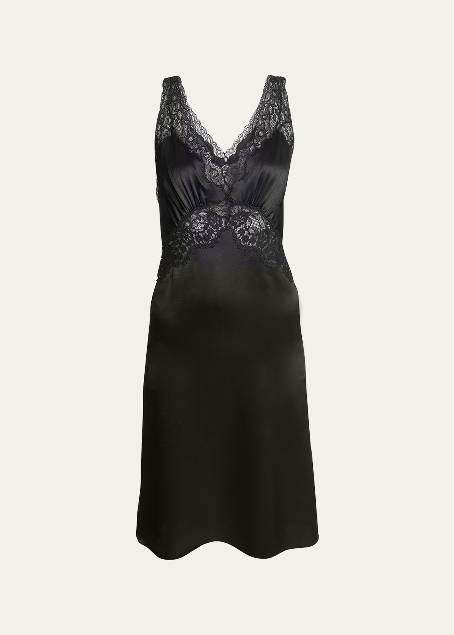 Saint Laurent Crepe Satin Night Dress W/ Lace Trim In Nero