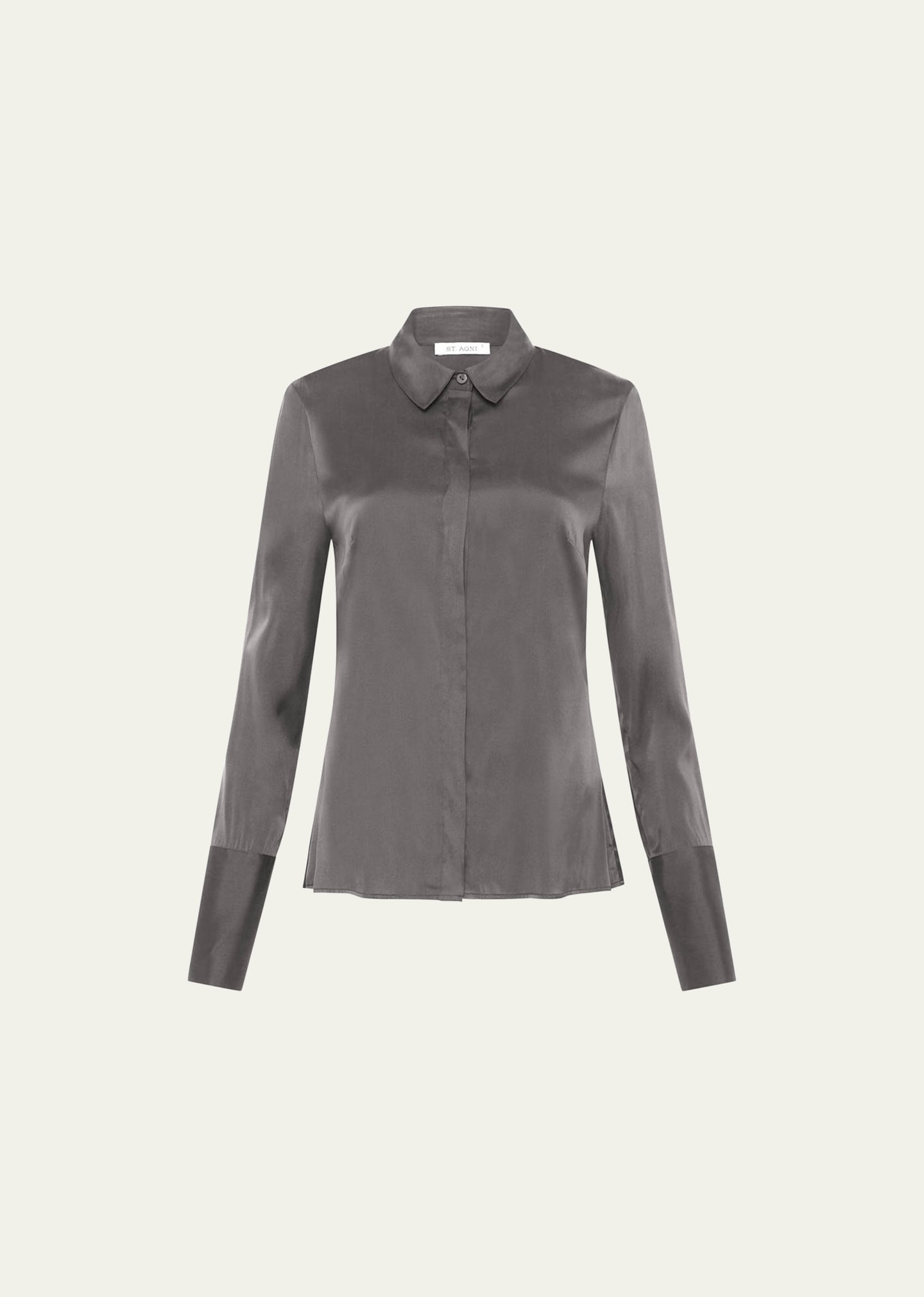 Shop St Agni Long-sleeve Slim Silk Shirt In Pewter Grey