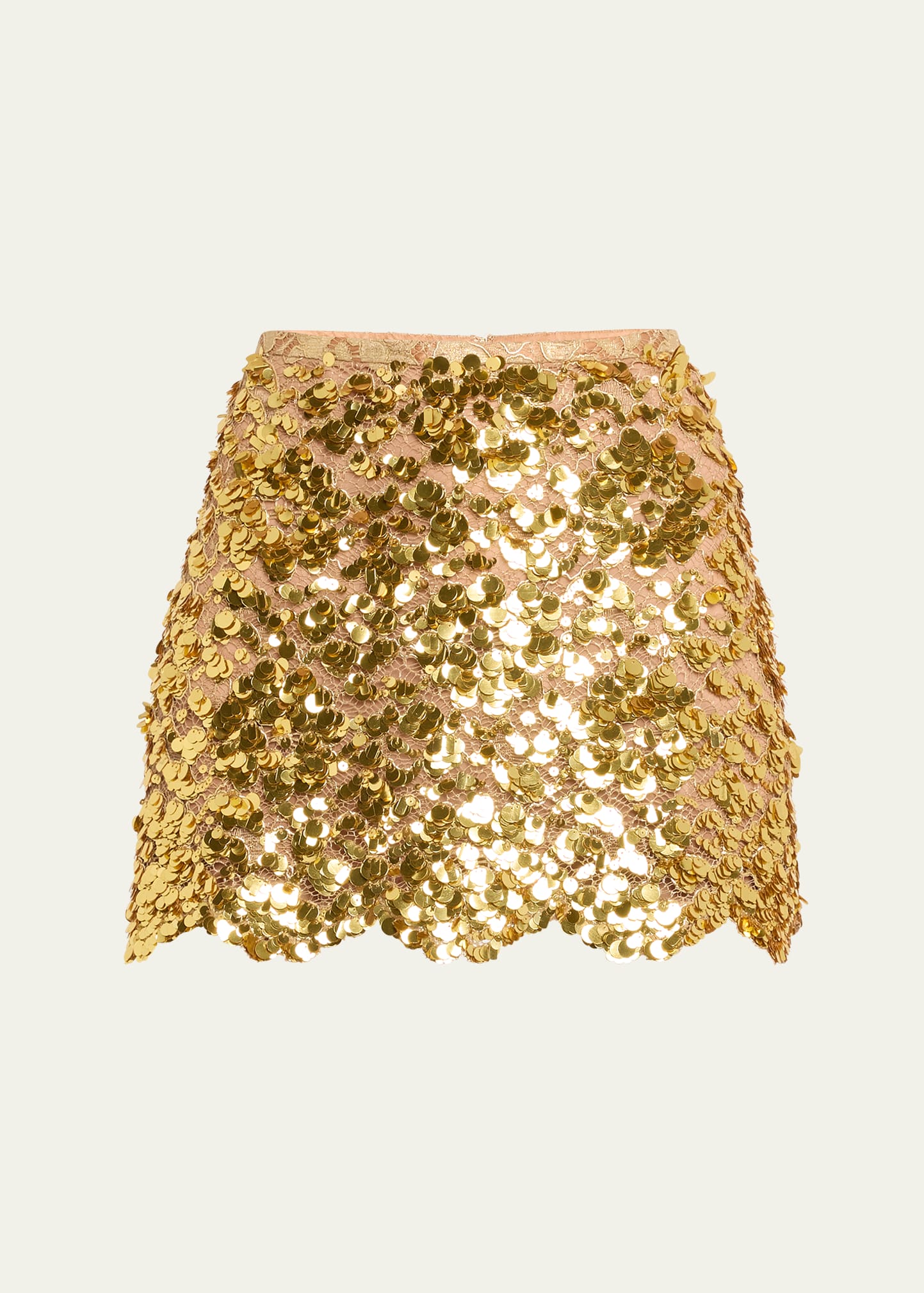 Shop Michael Kors Laminated Lace Sequin-embellished Mini Skirt In Gold