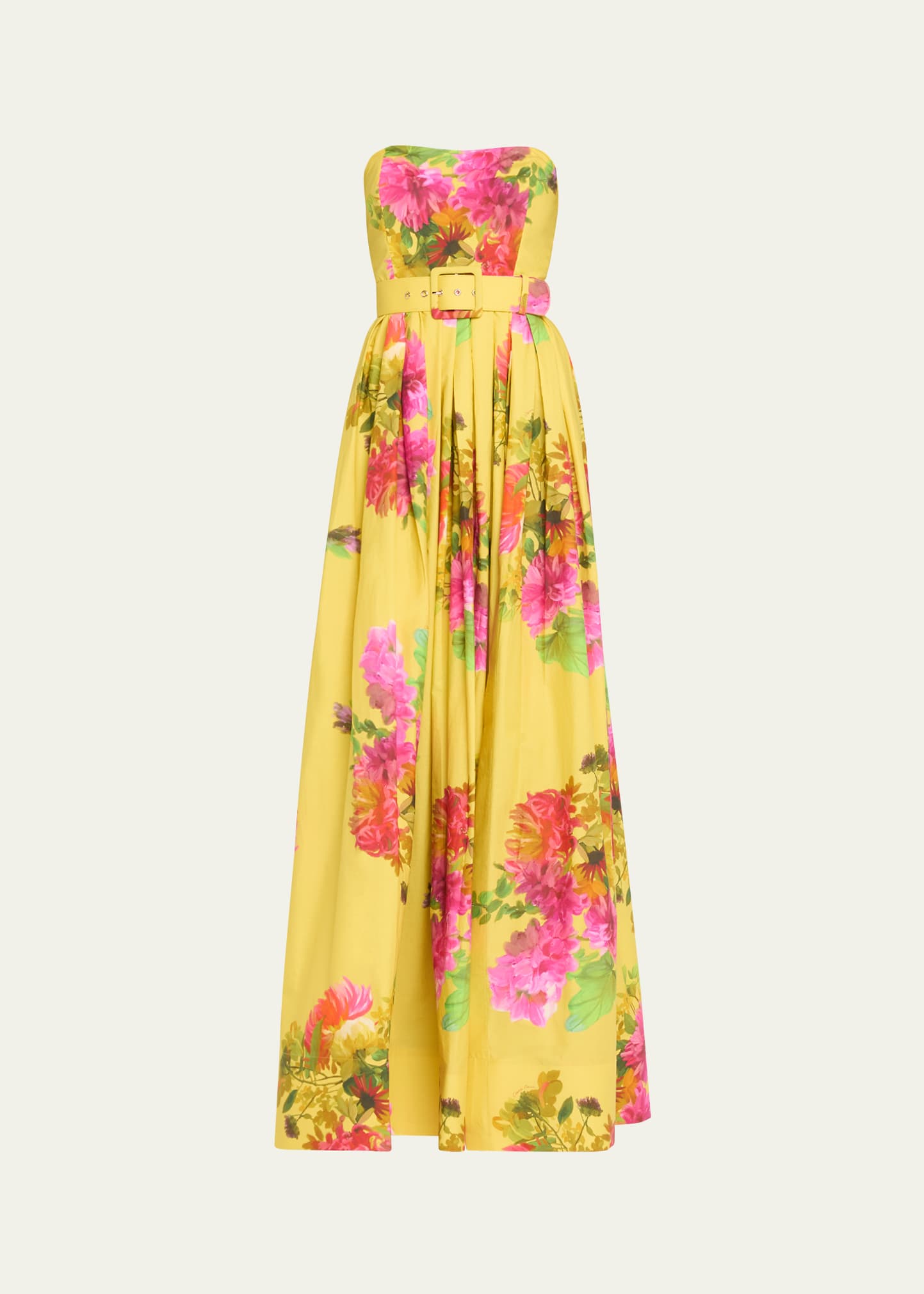 Shop Cara Cara Greenfield Strapless Belted Floral Poplin Gown In Floral Cream Gold