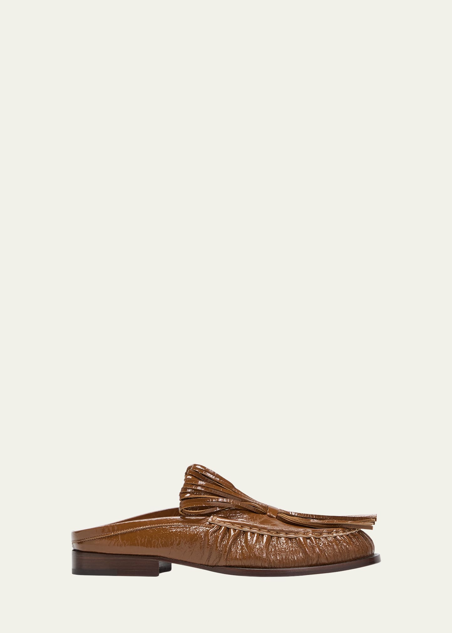Dries Van Noten Shiny Leather Fringe Loafer Mules In Tan