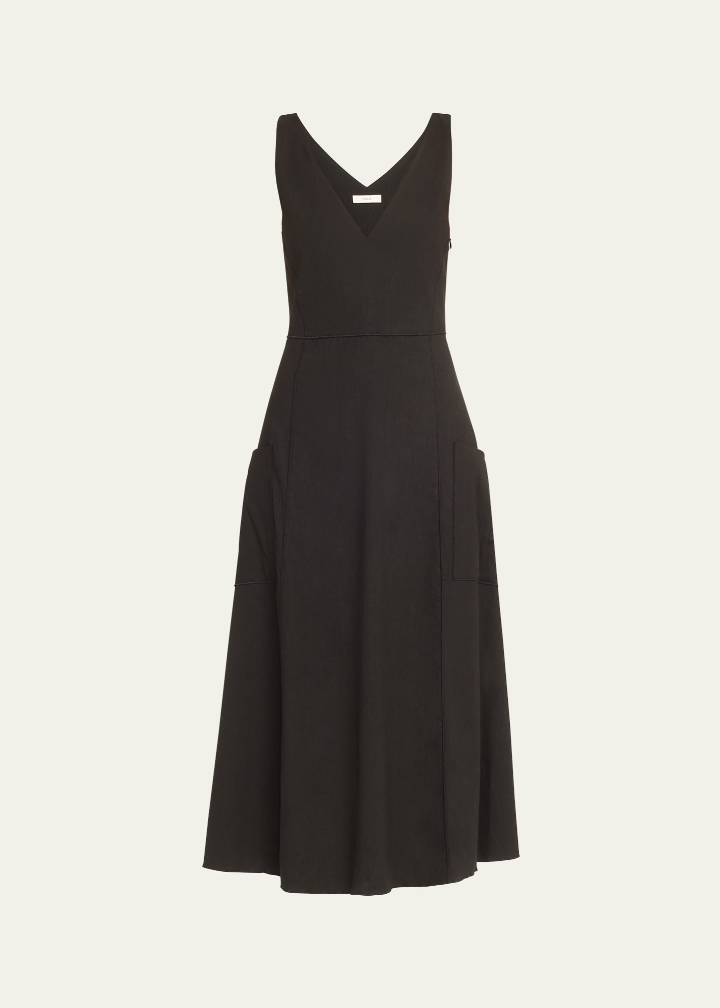 Shop Vince V-neck Pocketed Sleeveless Midi Dress In Black
