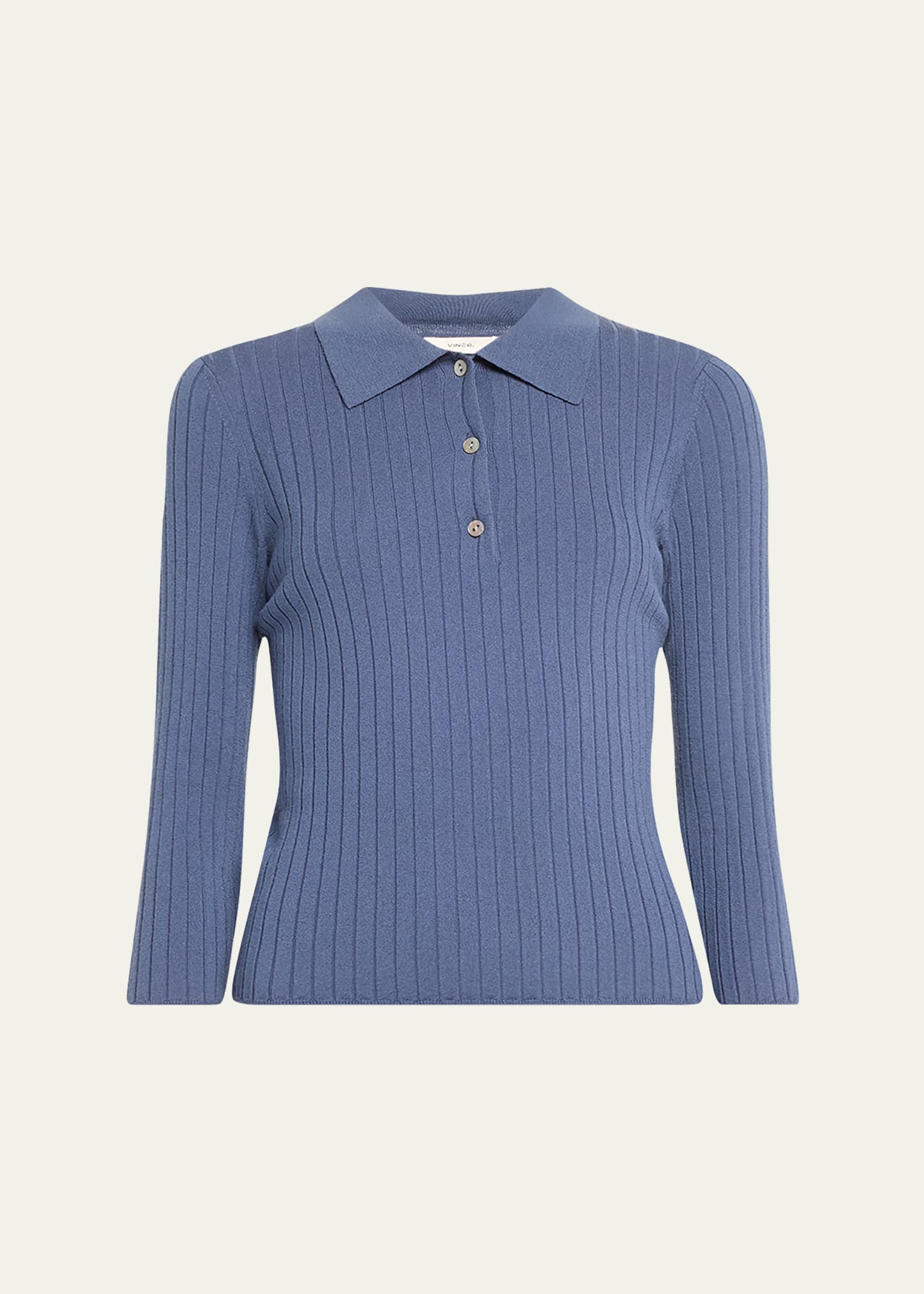 Shop Vince Ribbed 3/4-sleeve Polo Shirt In Riverbed