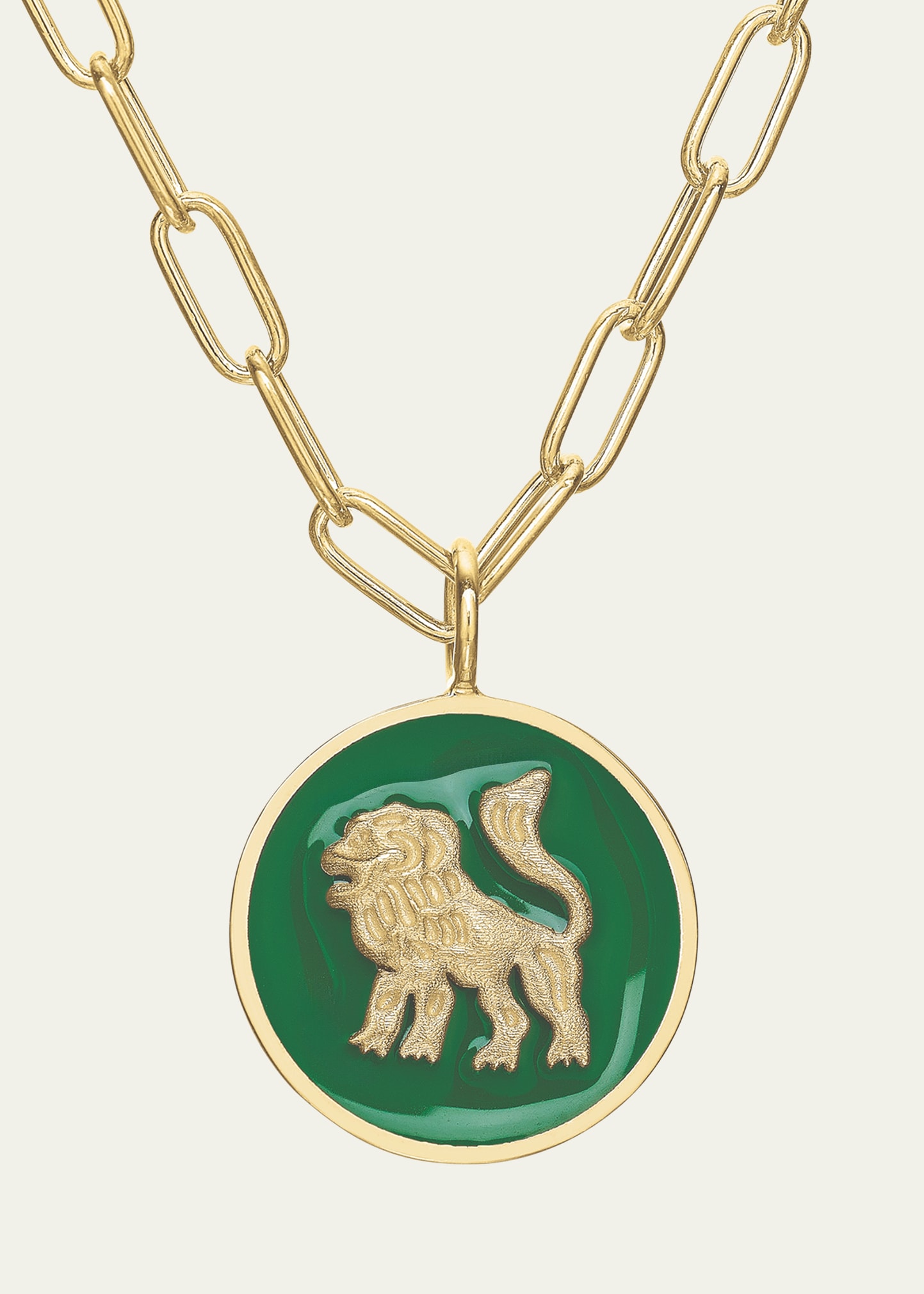 14K Gold Mini Lion Green Enamel Token Necklace