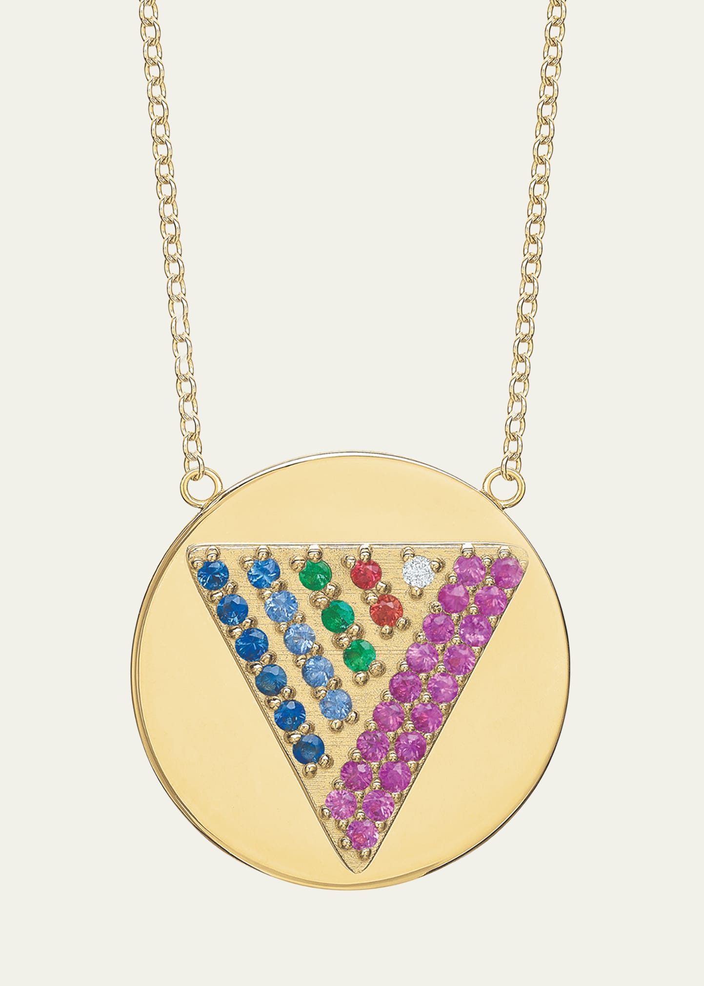 14K Gold Love Triangle Rainbow Sapphire Token Necklace