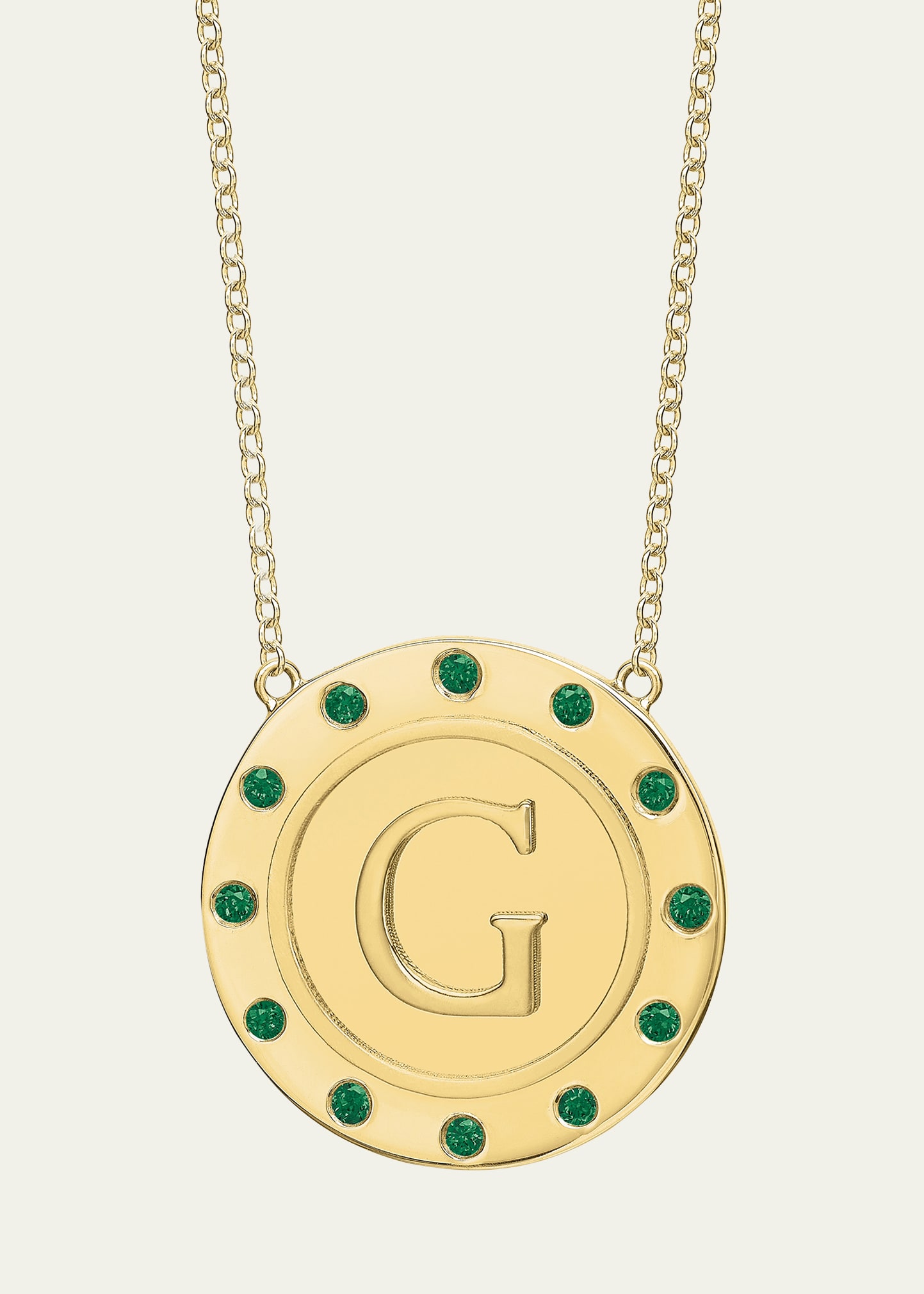 14K Gold Initial Token Necklace with Emeralds