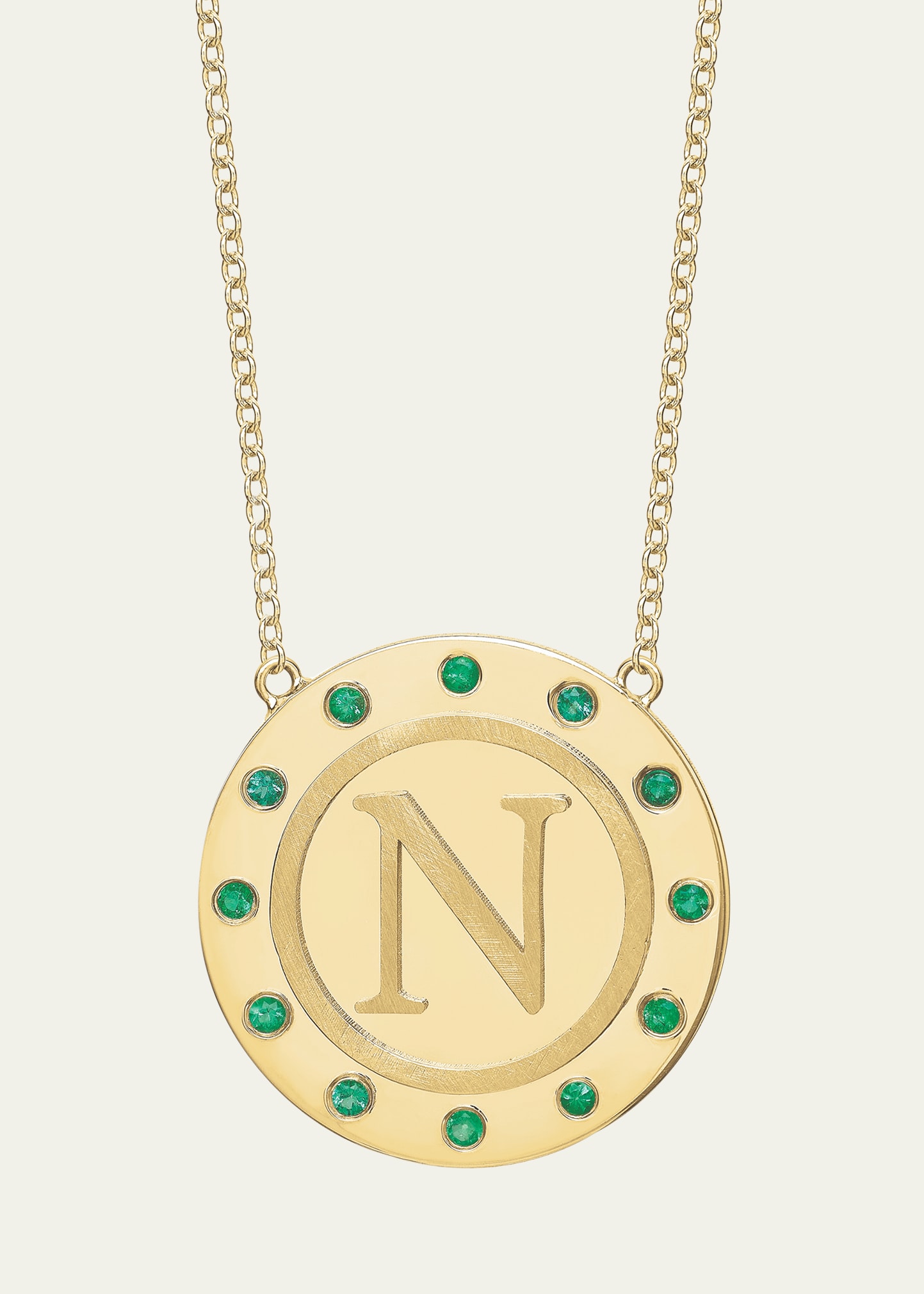 14K Gold Initial Token Necklace with Emeralds