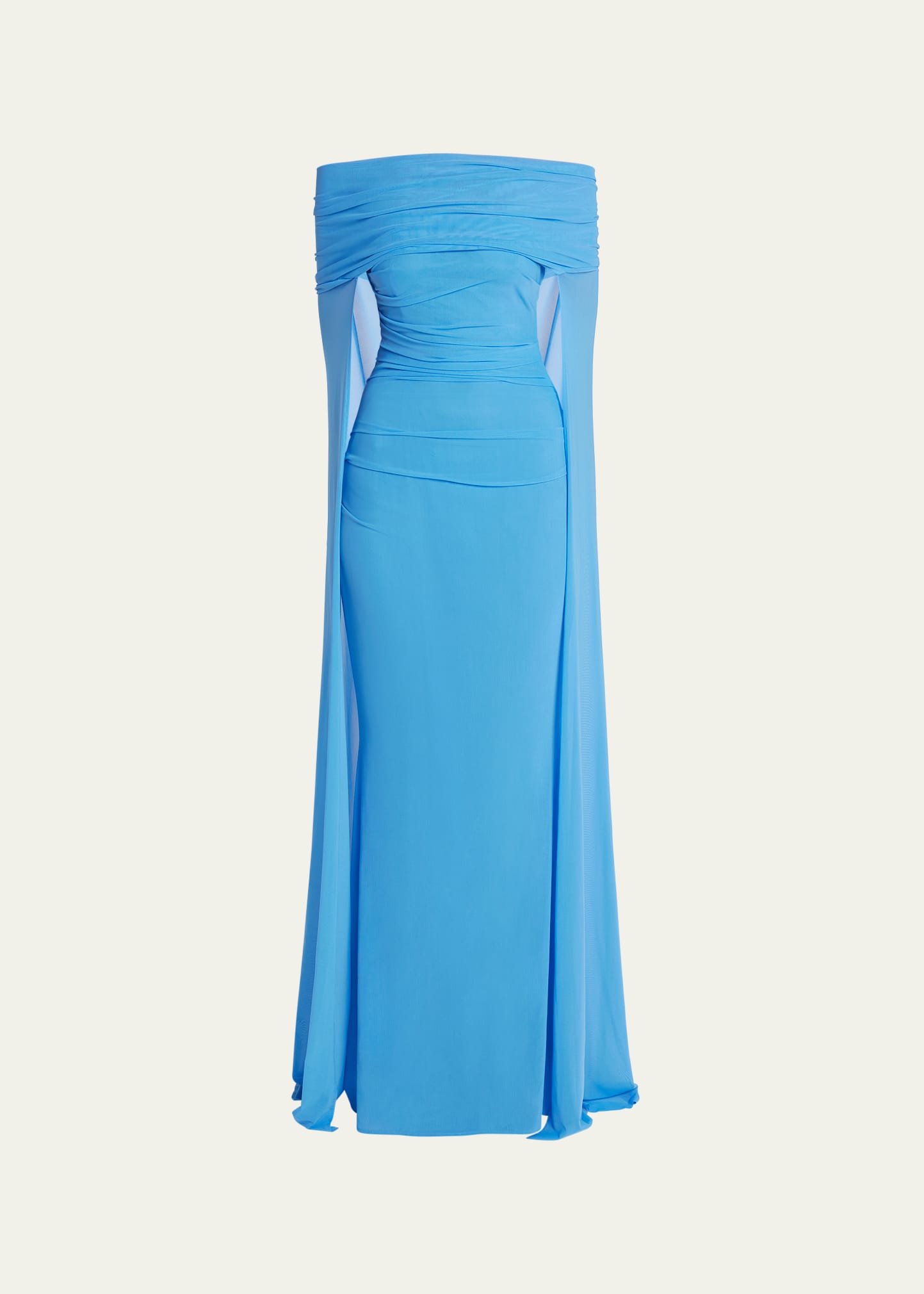 Shop Talbot Runhof Off-shoulder Stretch Tulle Cape Gown In Sky Blue