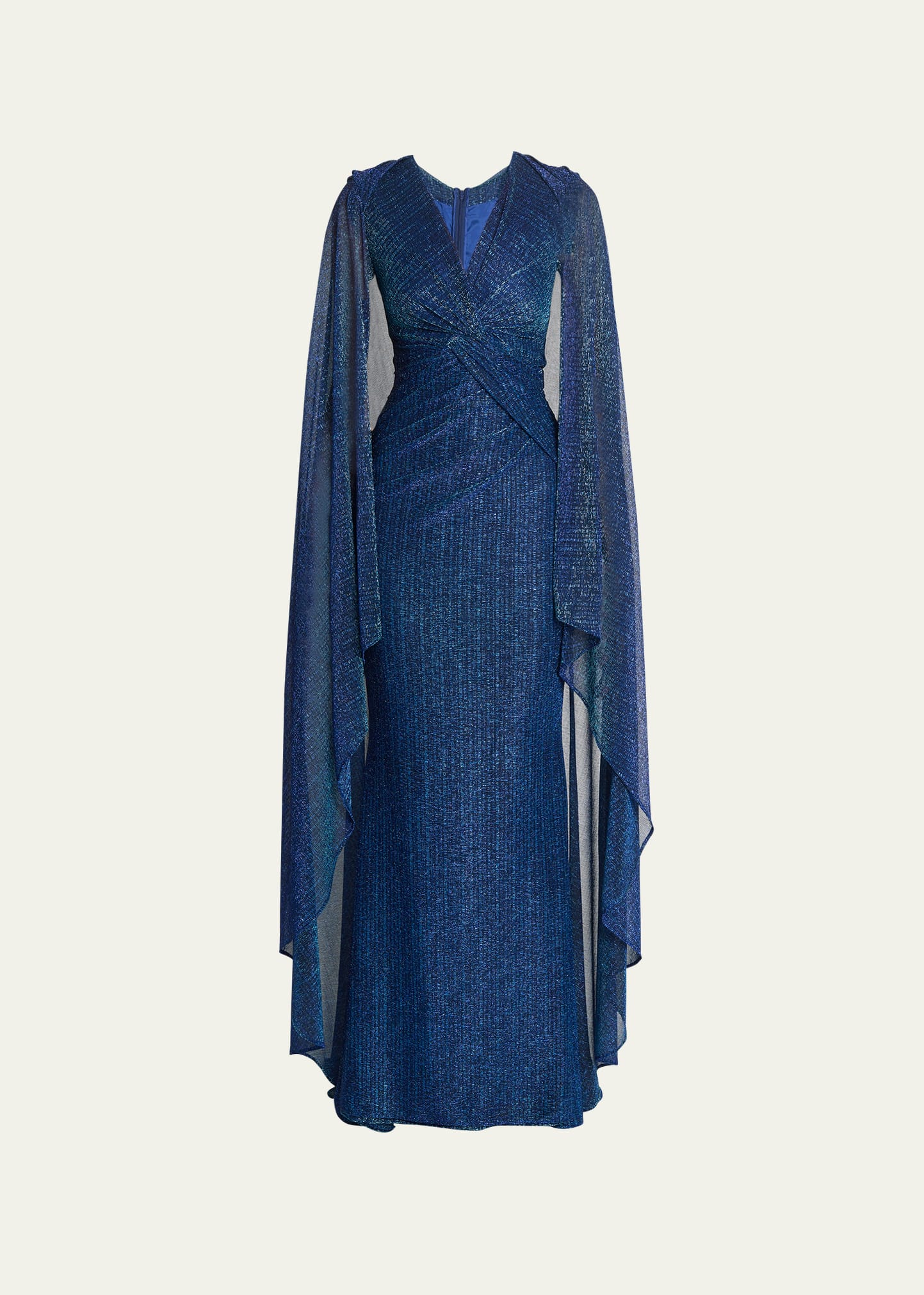 Talbot Runhof Metallic Cape Gown In Turquoise