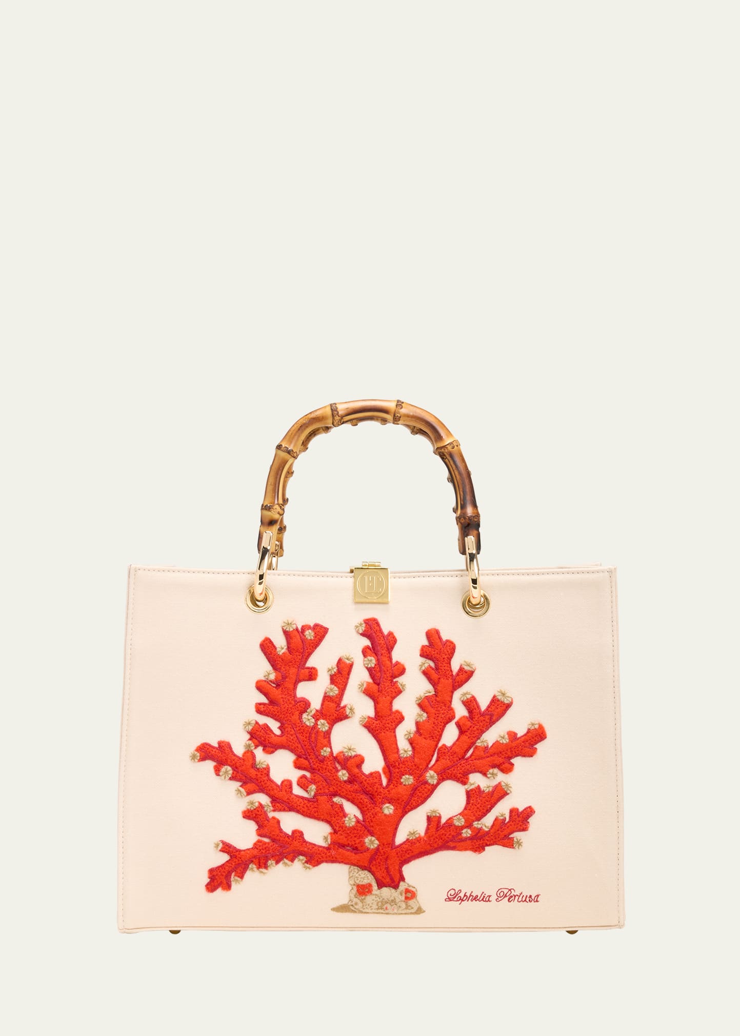 Coral Embroidered Canvas Top-Handle Bag