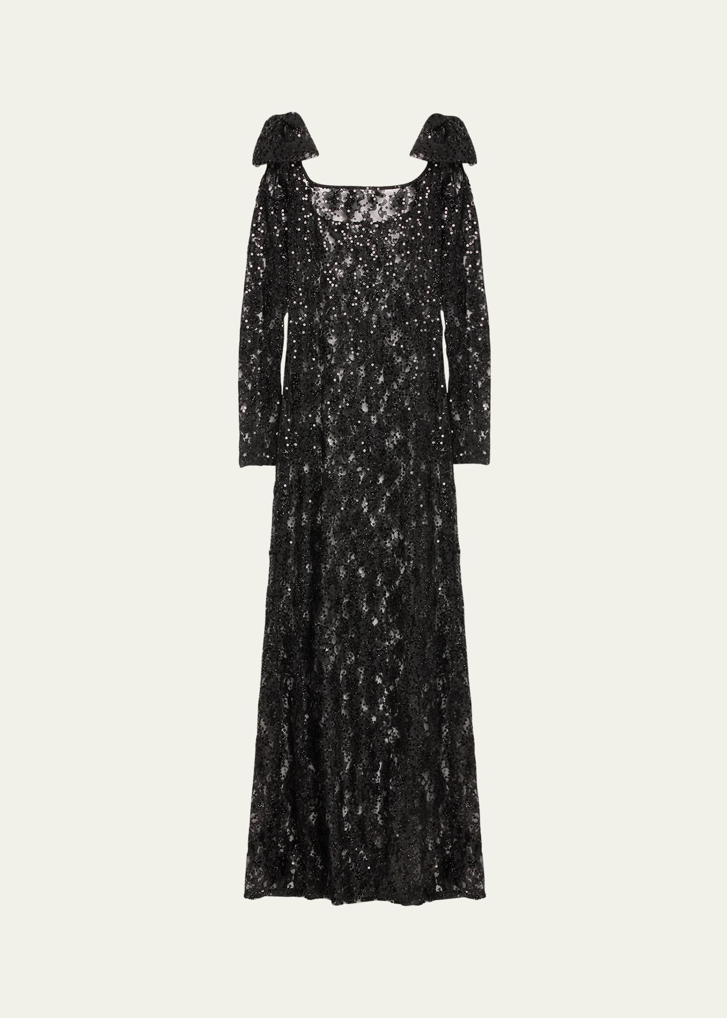 Shop Nina Ricci Lace Sequined Long-sleeve Gown In U9000 Black