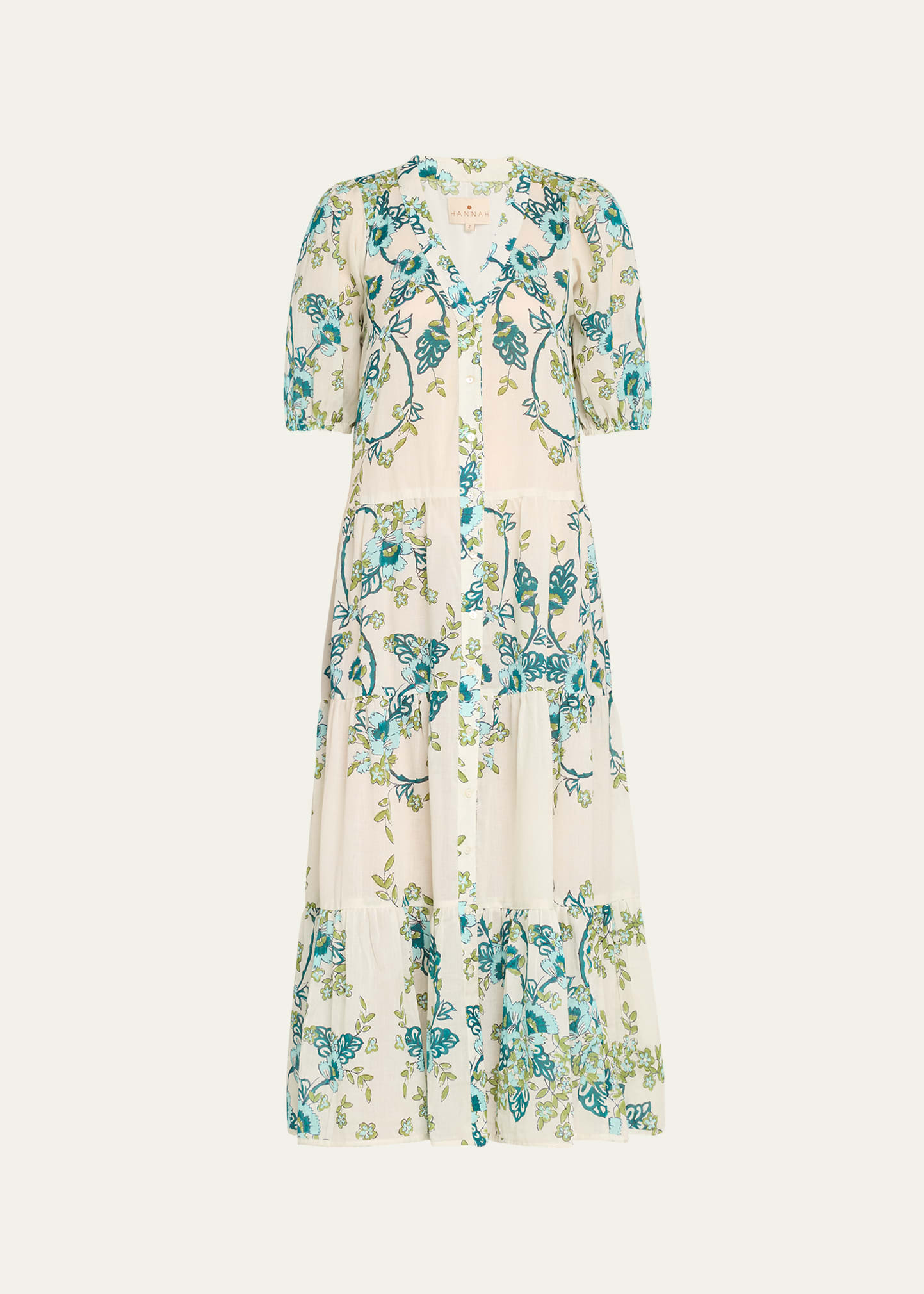 Shop Hannah Artwear Anyeta Floral Cotton Short-sleeve Tiered Maxi Dress In Jasmine Azul