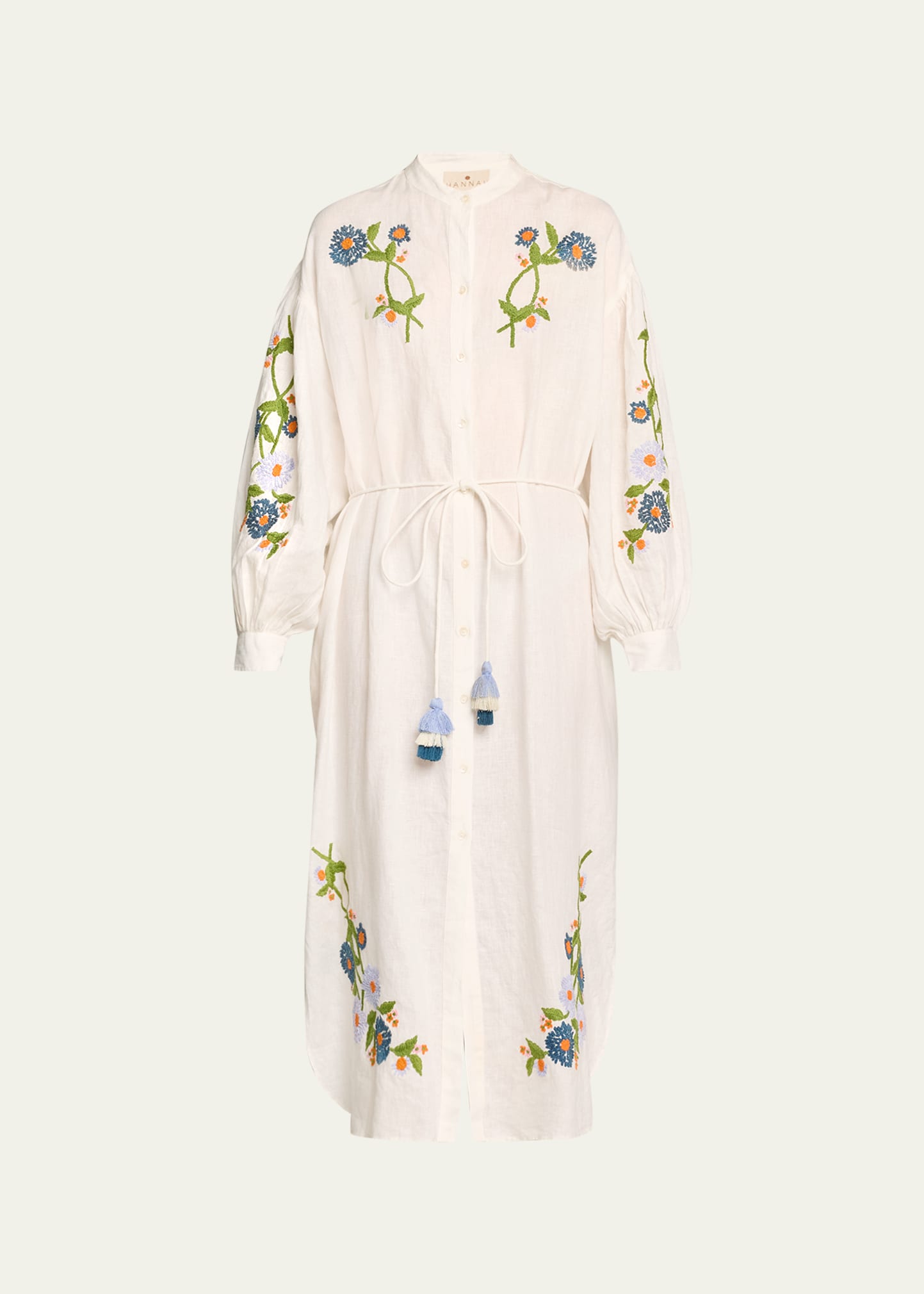 Hannah Artwear Everly Tassel-tie Embroidered Linen Midi Dress In Camelia Romero