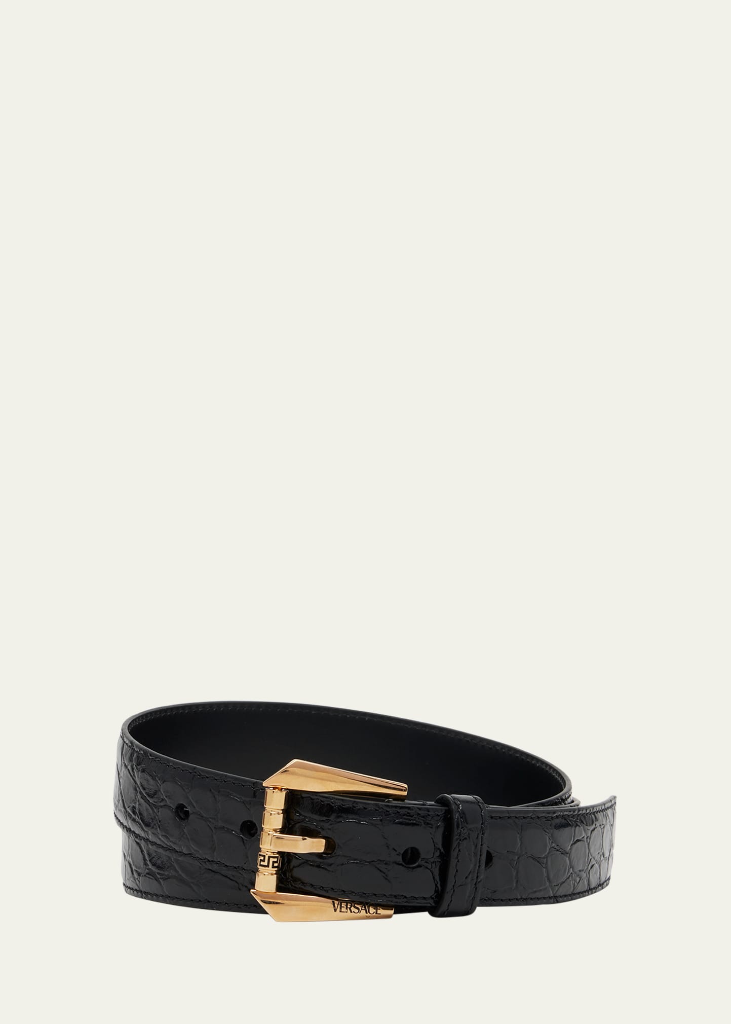 Versace Men's Croc-effect Leather Belt In 1b00v-black-versa