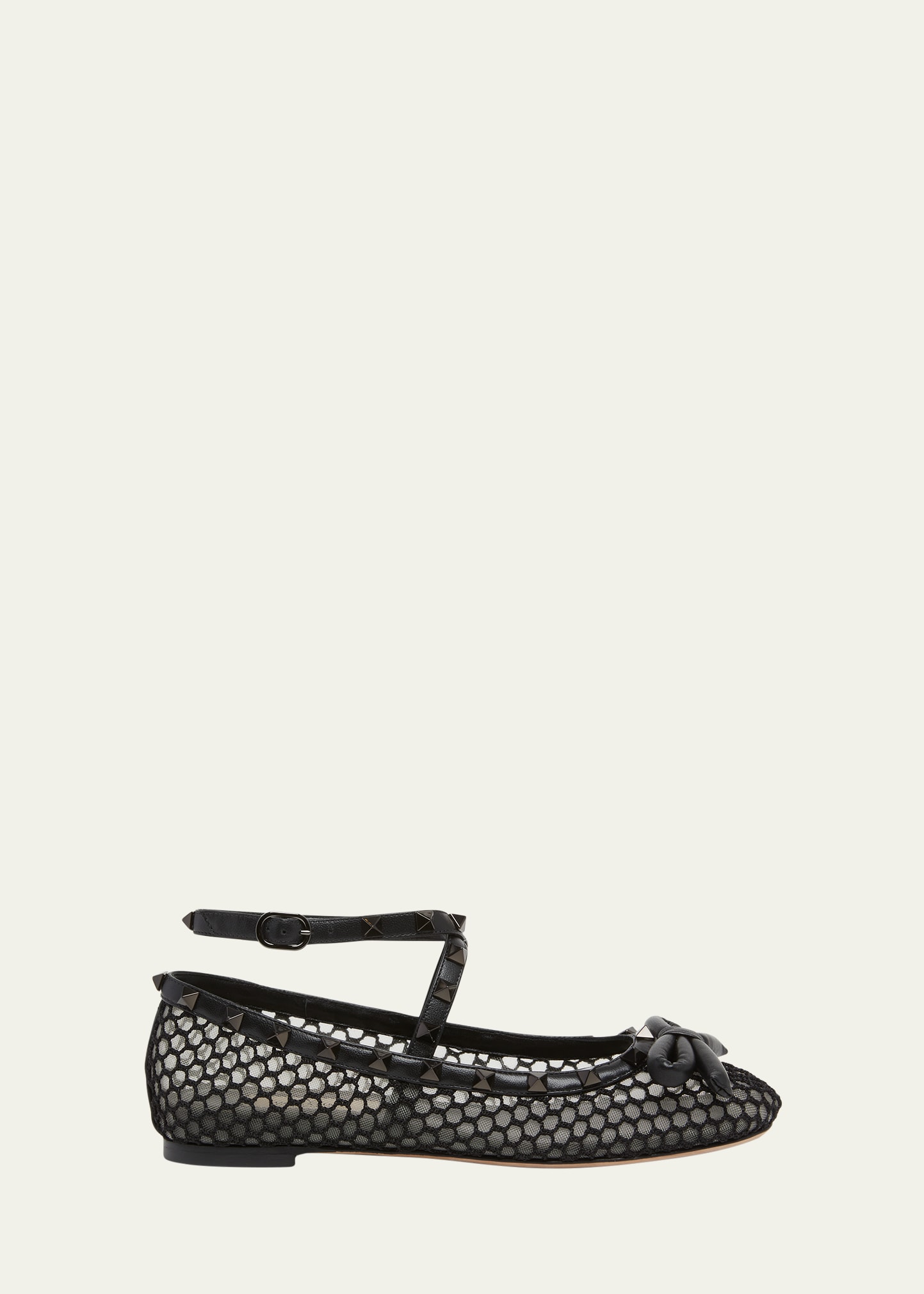 Shop Valentino Rockstud Net Ankle-strap Ballerina Flats In No Nero