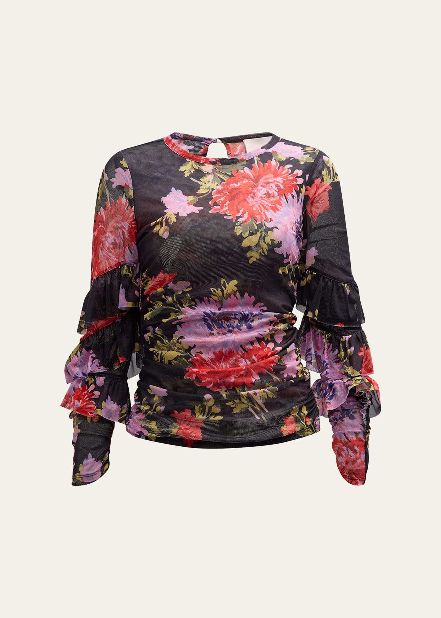Shop Cinq À Sept Elle Floral-print Ruffle-sleeve Shirred Top In Black Multi