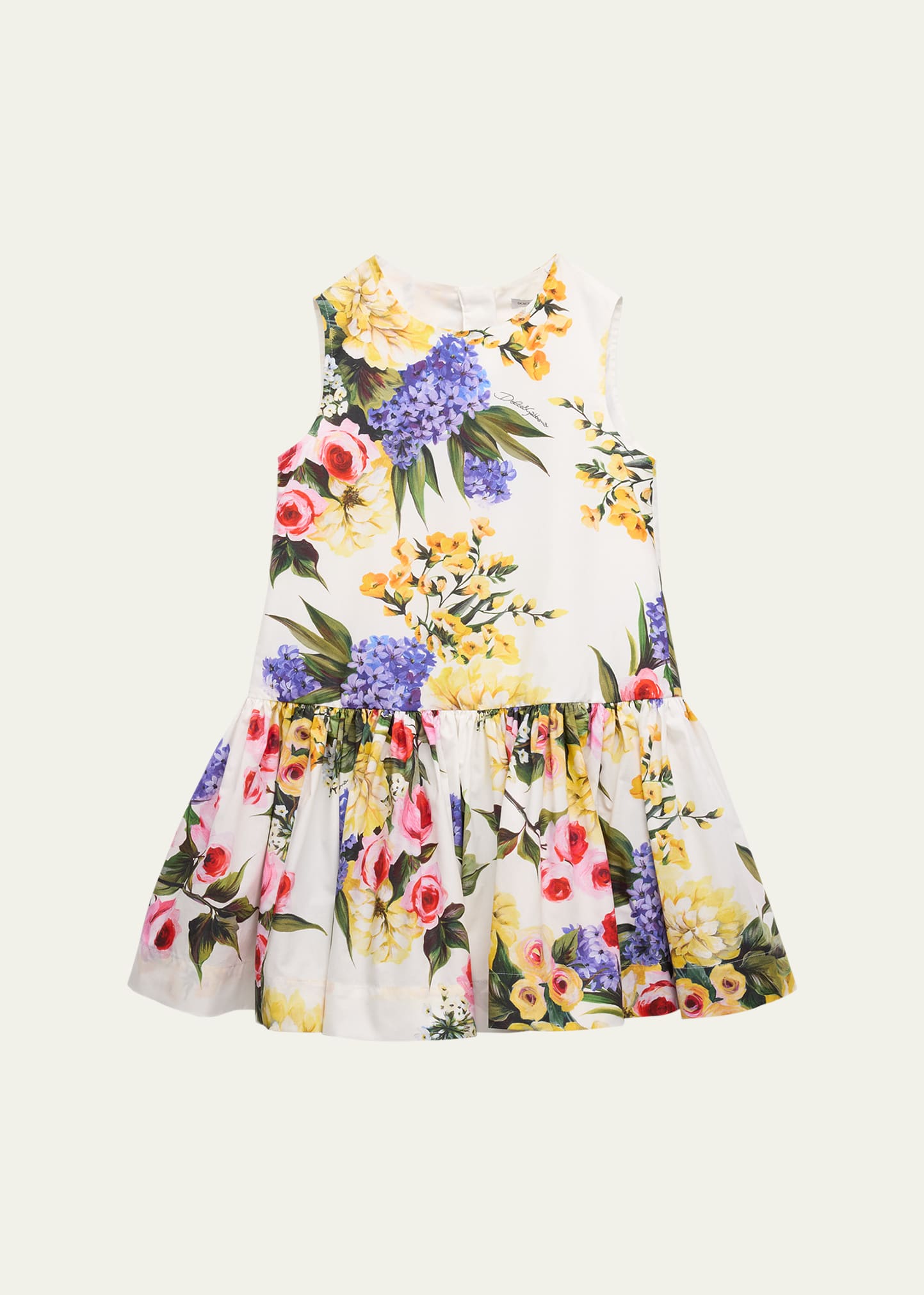 Dolce & Gabbana Kids' Girl's Flower Power Printed Cotton Sleeveless Dress In Giardino Fdo Bian