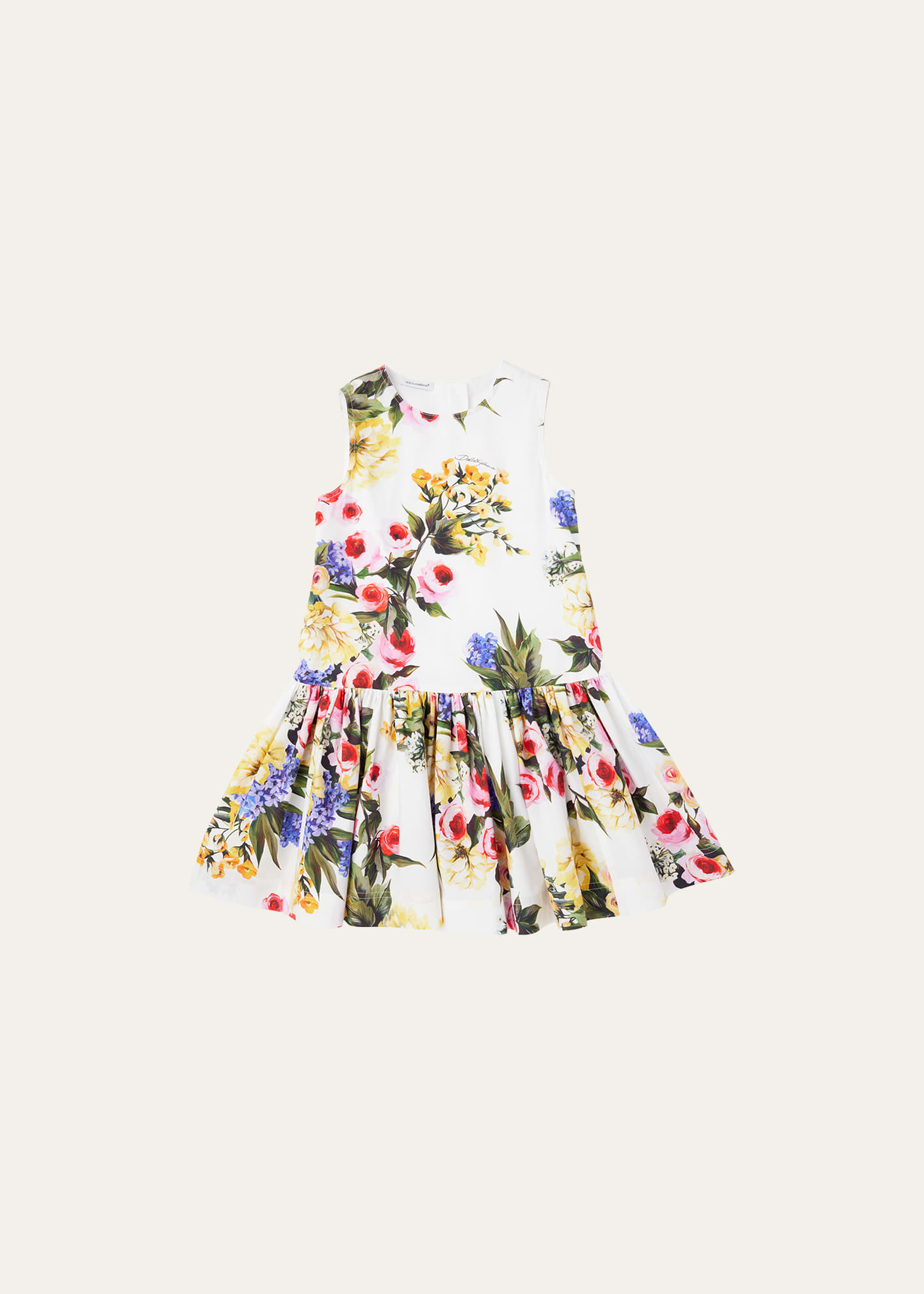 Dolce & Gabbana Girl's Flower Power Printed Cotton Sleeveless Dress In Giardino Fdo Bian