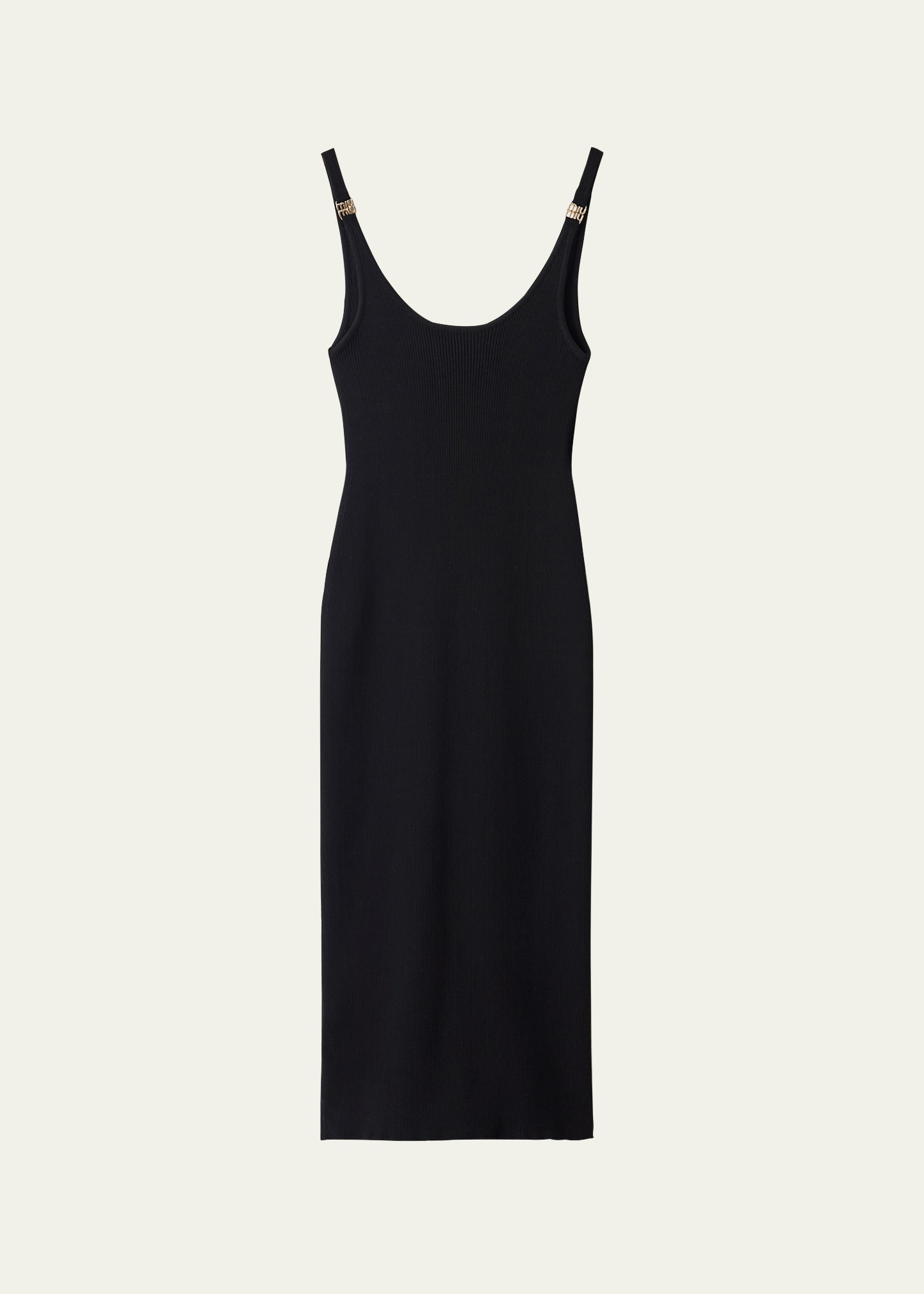 Miu Miu Ribbed Backless Metal Logo Midi Dress In F0002 Nero