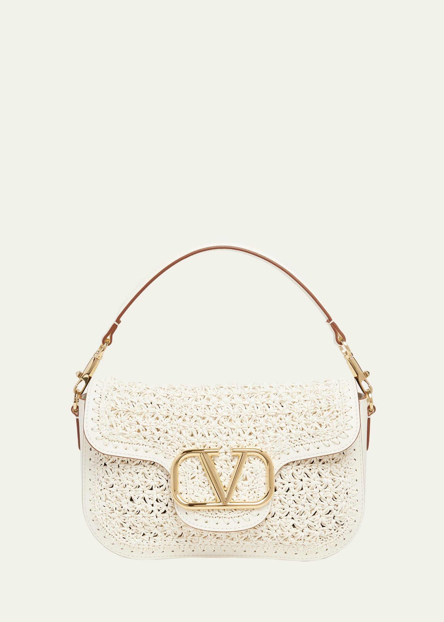 Valentino Neutral All Time Crochet Leather Shoulder Bag In Ivory