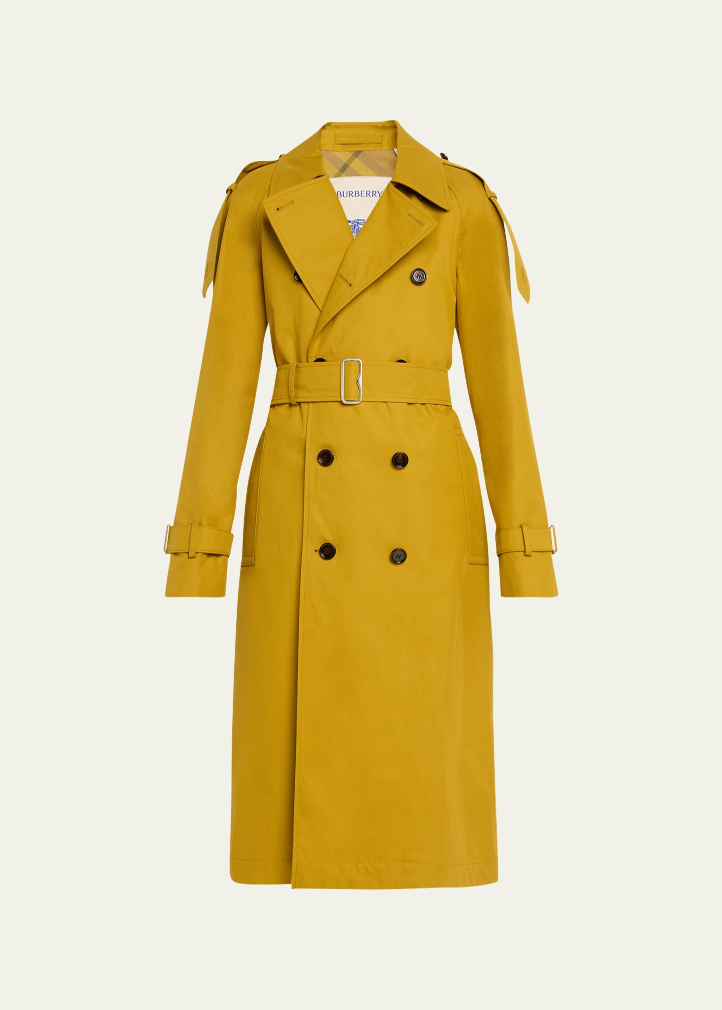 Shop Burberry Double-breasted Belted Trench Coat In Manilla